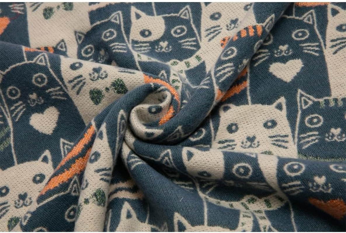 Women'S Fringed Scarf Cat Print Pattern Cape Winter Cashmere Feel Shawl Warm Wrap - Cat Black image number 2