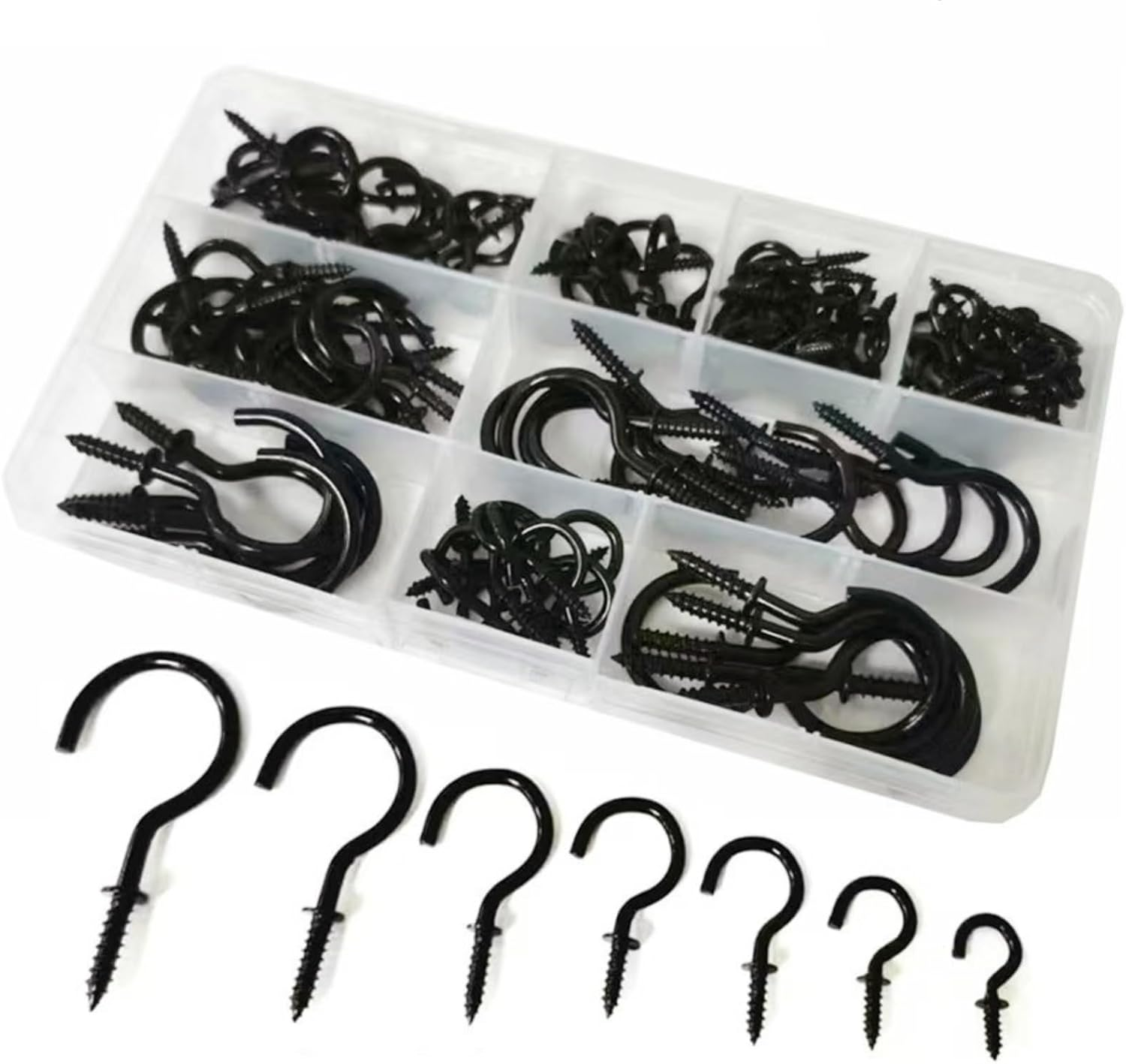 Greenlux 75Pc Black Metal Screw Hooks, Heavy Duty, Holds up to 35Lbs, Indoor/Outdoor, Wall Mount, Decorative Black, for Hanging Mugs, Lamps, Curtains, Etc.