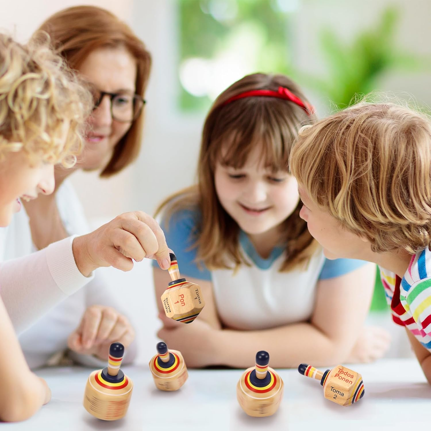 Poen 5 Pieces Large Wooden Toma Todo Bulk, 4.5 Inch Classic Mexican Wood Spinning Top Game for Kids and Adults, Pirinola Toma Todo Party Games for Mexican Fiesta Party Cinco De Mayo Family Game image number 5