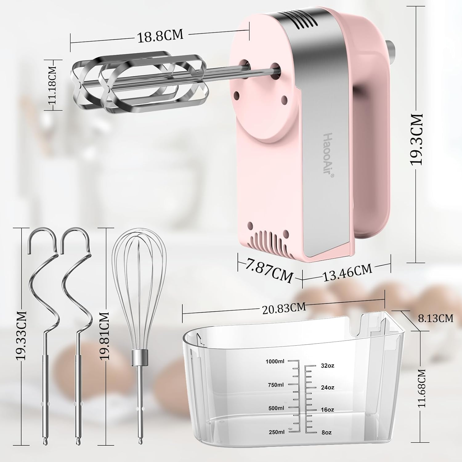 Haooair 450W Electric Hand Blender, 5-Speed Hand Mixer with Measuring Cup Storage Box, 5 Stainless Steel Attachments, Turbo Function, Eject Button image number 1