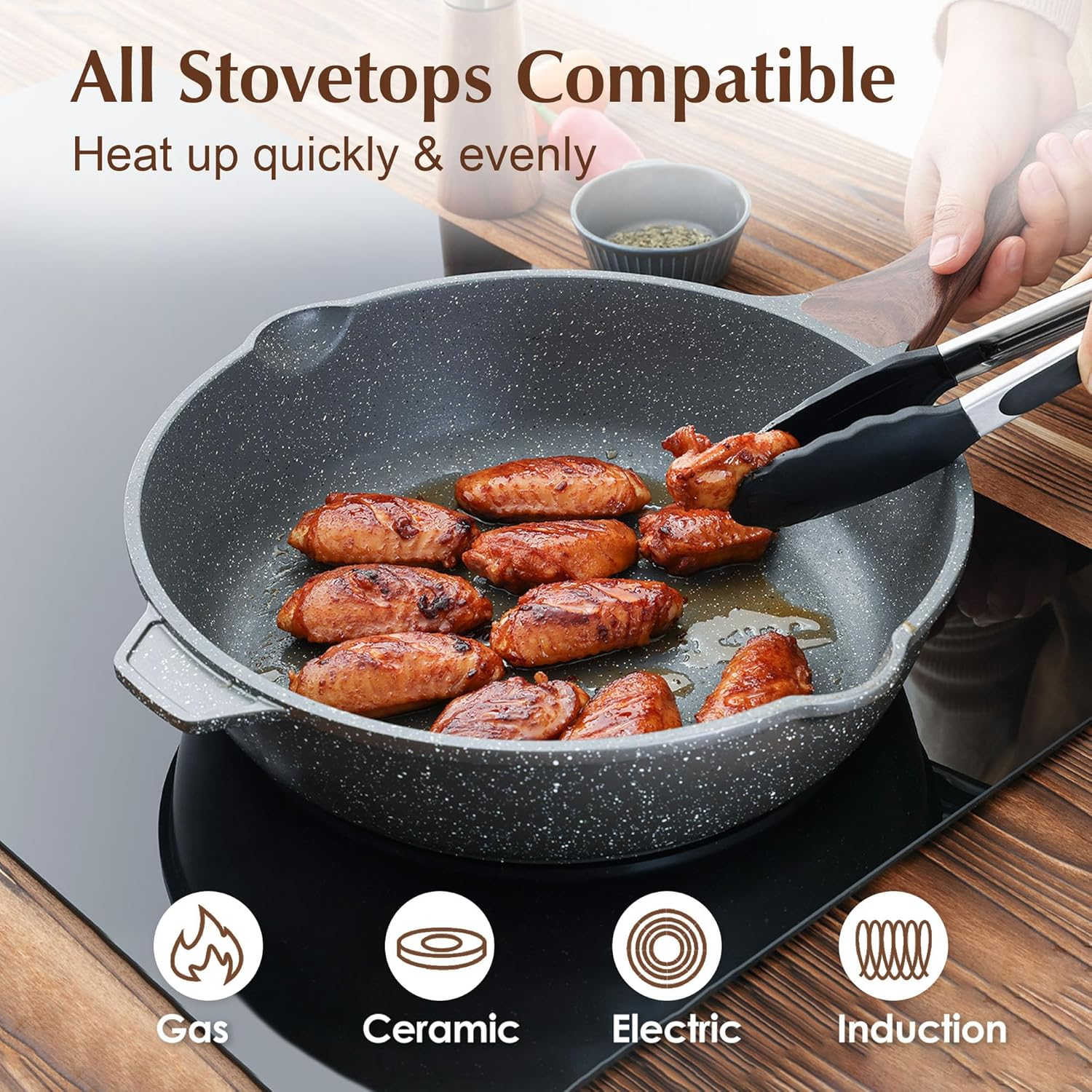 SENSARTE Nonstick Deep Frying Pan Skillet, 11-Inch Saute Pan with Lid, Stay-Cool Handle, Chef Pan Healthy Stone Cookware Cooking Pan, Induction Compatible image number 4