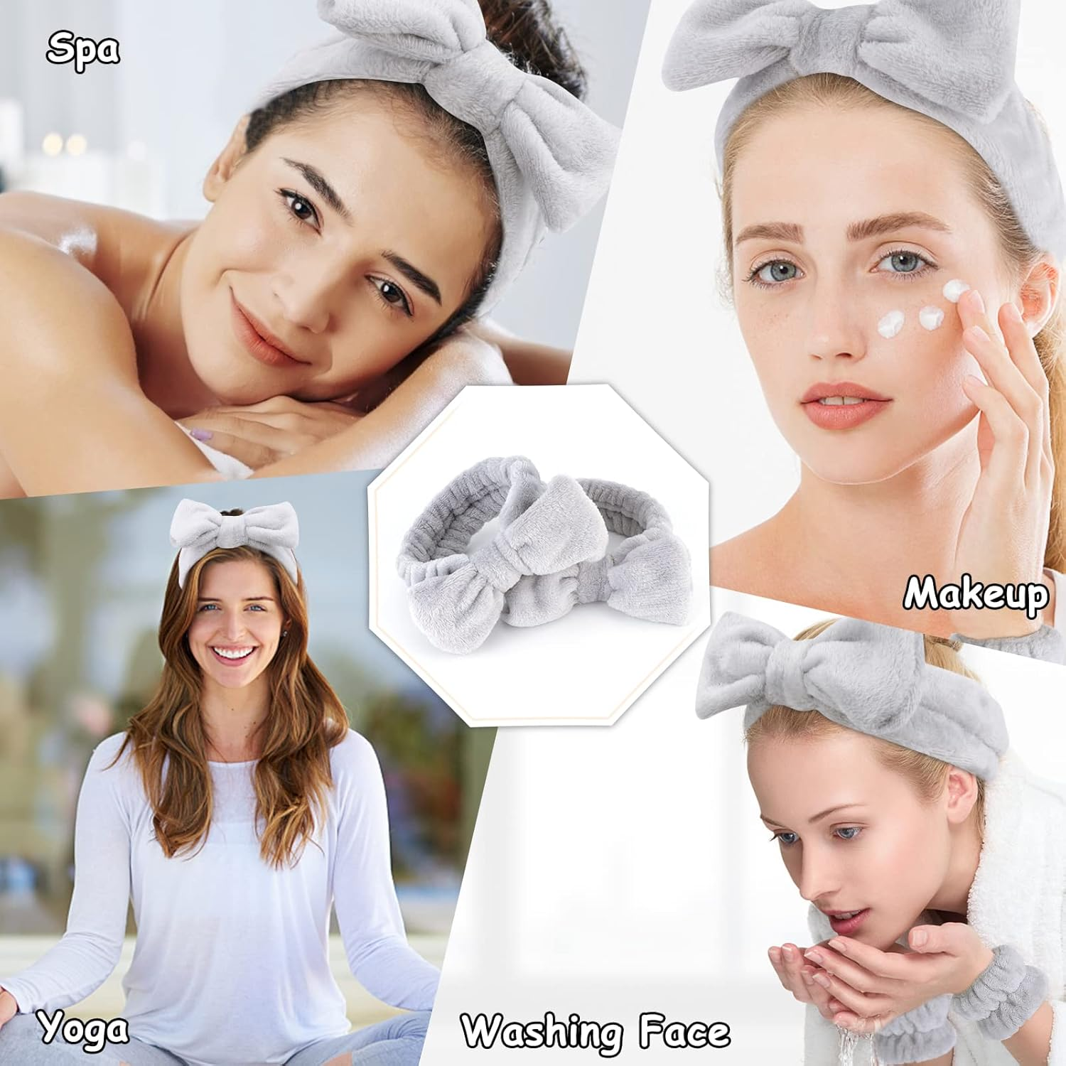 Casoty 8 Pcs Grey Spa Hair Bands for Women, Bow Fleece Headbands for Makeup, Shower, Yoga, and Skincare - Gray image number 6