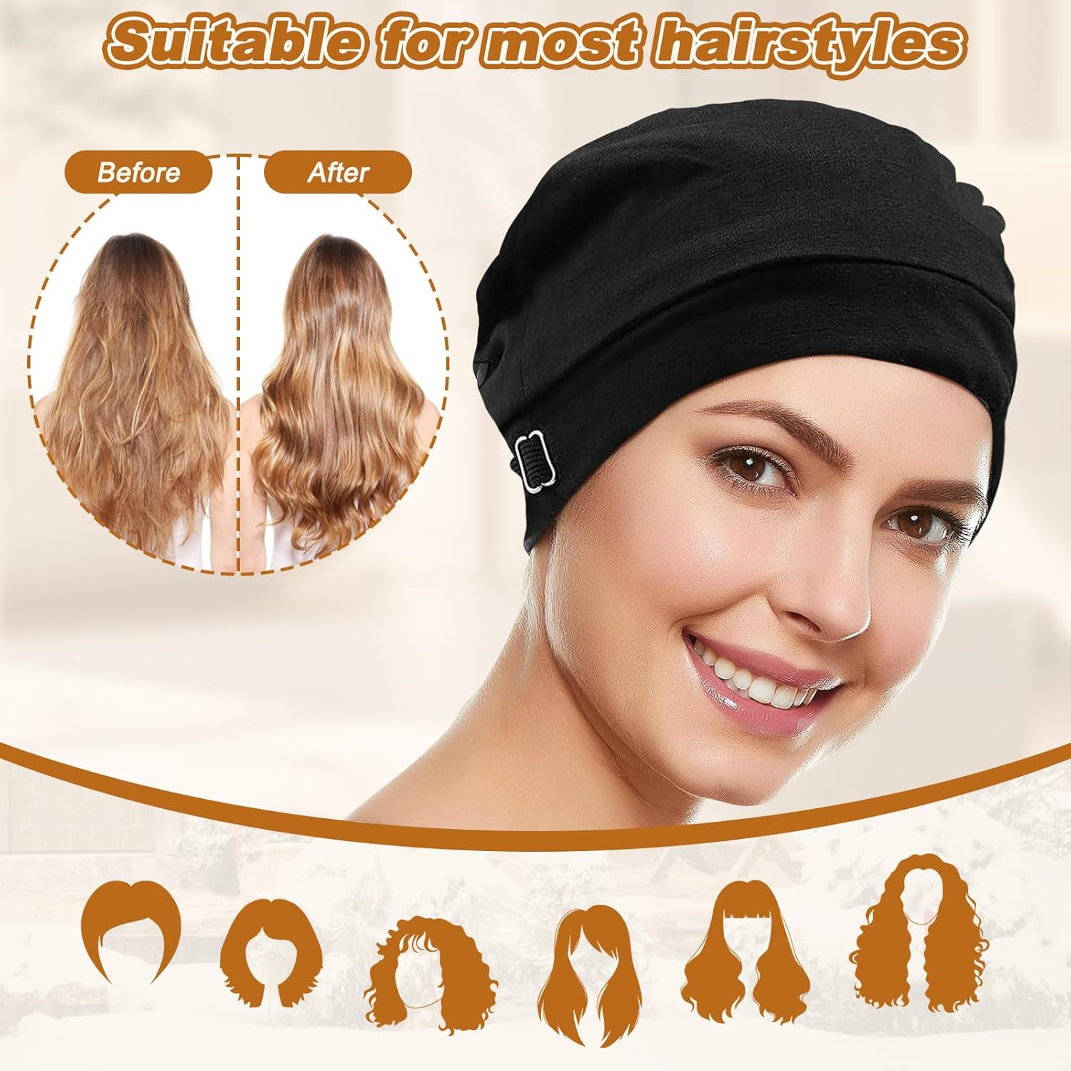 Double Layer Black Adjustable Hair Bonnets, Hair Cover Bonnet for Hair Care, Adjustment 50Cm/19.69In-66Cm/25.98Inunisex Windproof Hat Polyester Warm Beanie ﻿