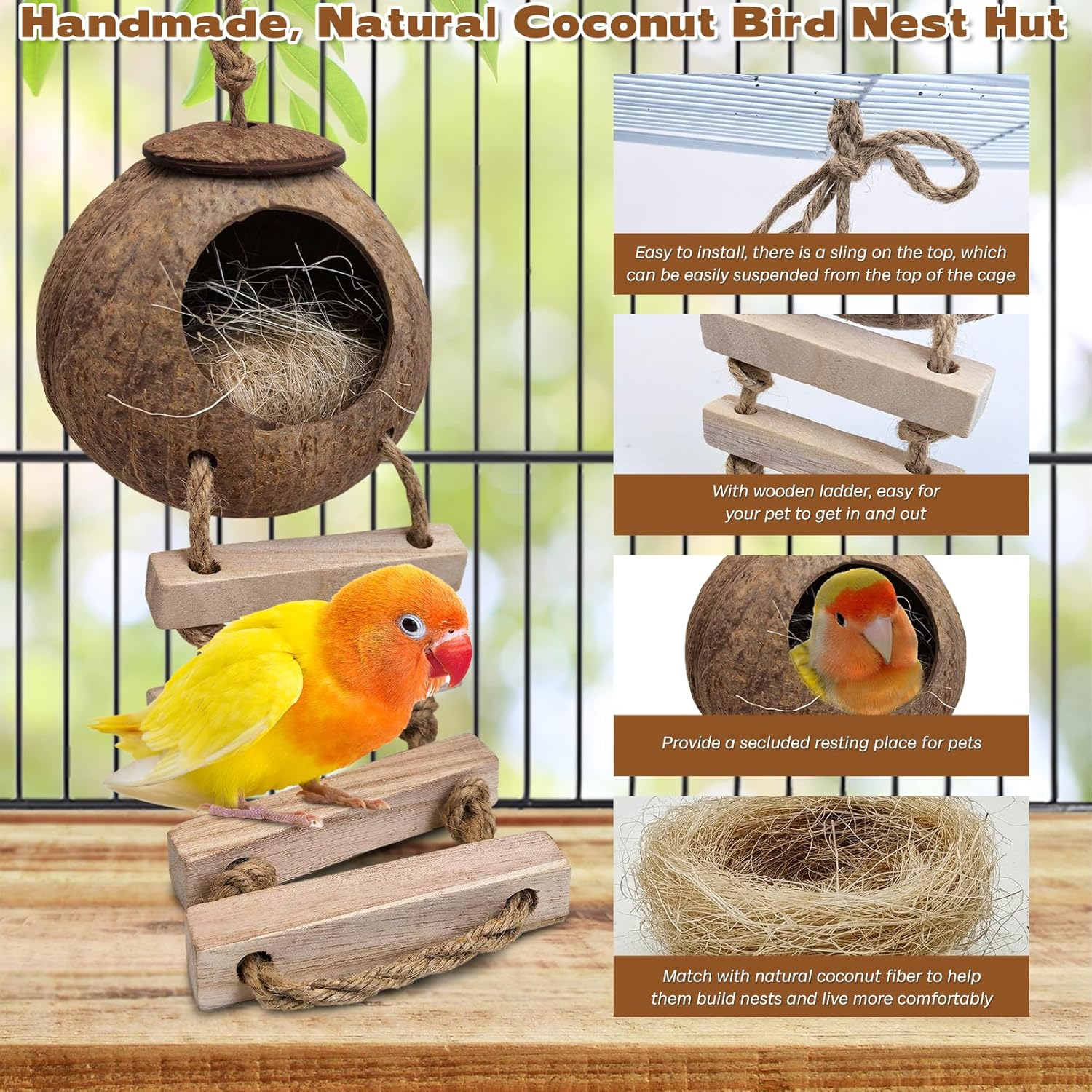 PINVNBY Coconut Bird Nest Hut with Ladder, Coconut Hiding Place Inseparable House Hanging Toy for Budgies Parakeets Cockatiels Parakeet Canary Finch Dove (With Natural Cocoon image number 1