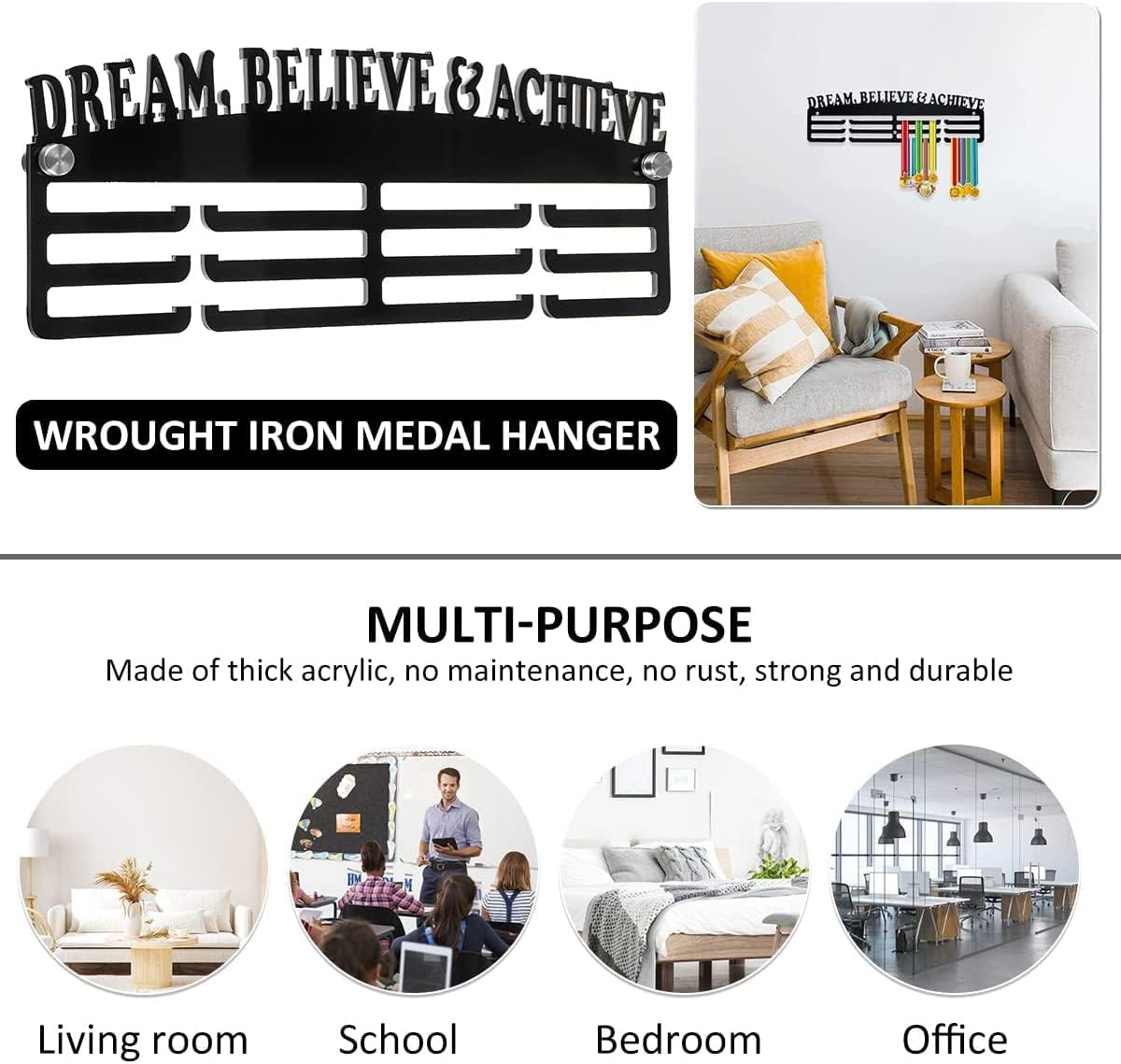 Medal Display Hanger, Wall Mounted Acrylic Medal Display Rack, Decorative Black Medal Holder with Inspirational Words Memorial Medal Hanger for Living Room Bedroom image number 3