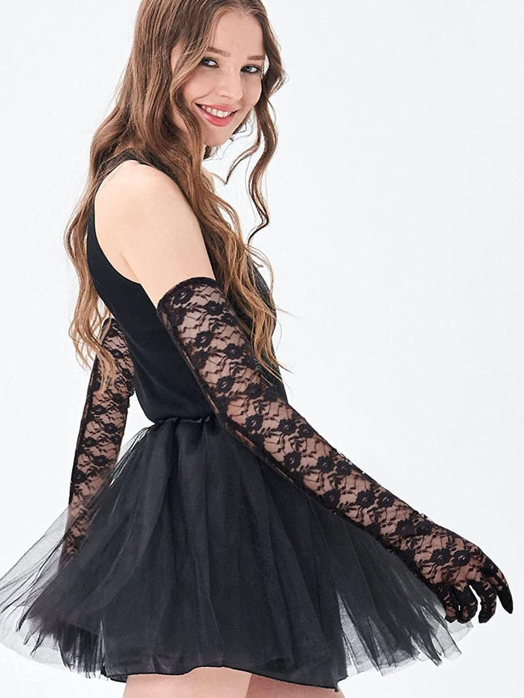 Woeoe Long Lace Gloves Black Tea Party Floral Gloves Elbow Length Cocktail Opera Parties for Women image number 1