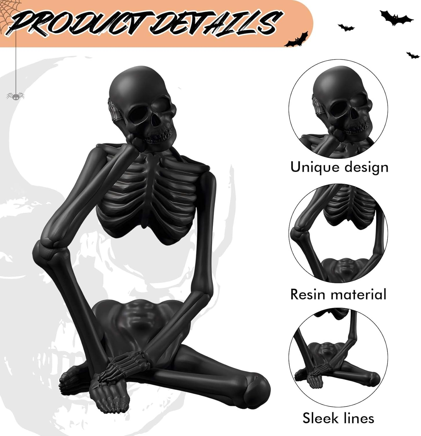 Loyzcy Thinker Statue Decor, Resin Sculptures Whimsical Home Decor, Black Skeleton Skull Abstract Aesthetic, Collectible Figurines for Table Office Shelf Decor image number 5