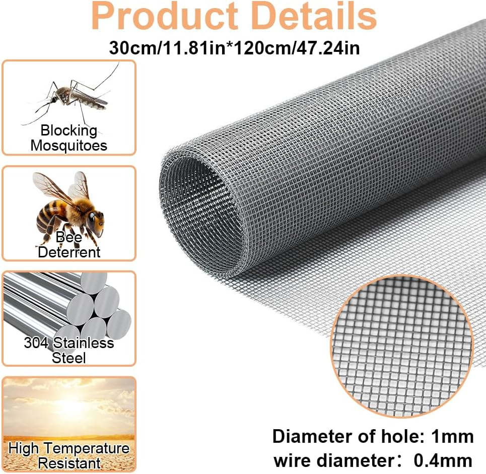Stainless Steel Wire Mesh 30 Cm X 120 Cm Mouse Mesh Rabbit Wire Mesh Fine Mesh Fly Screen Stainless Steel Roll Metal Mesh Fine 1 Mm Holes for Ventilation, Filter, Safety, Windows image number 1
