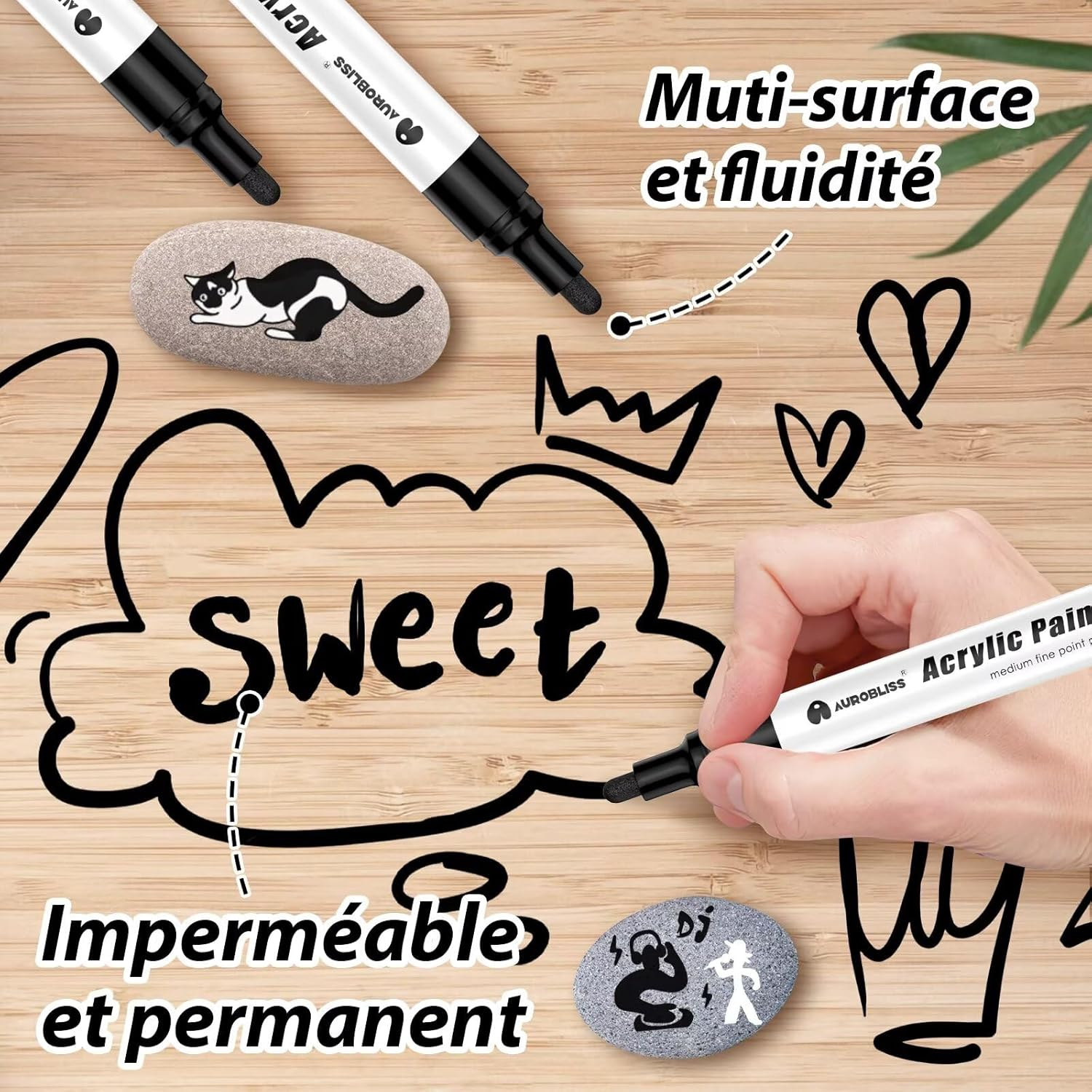 Aurobliss Acrylic Pens Black Pack of 8 Waterproof Pens for Wood, Canvas, Stones, Plastic, Clothing, Fabric - 2-3 Mm Thick Tip, Permanent Black Ink - Black image number 6