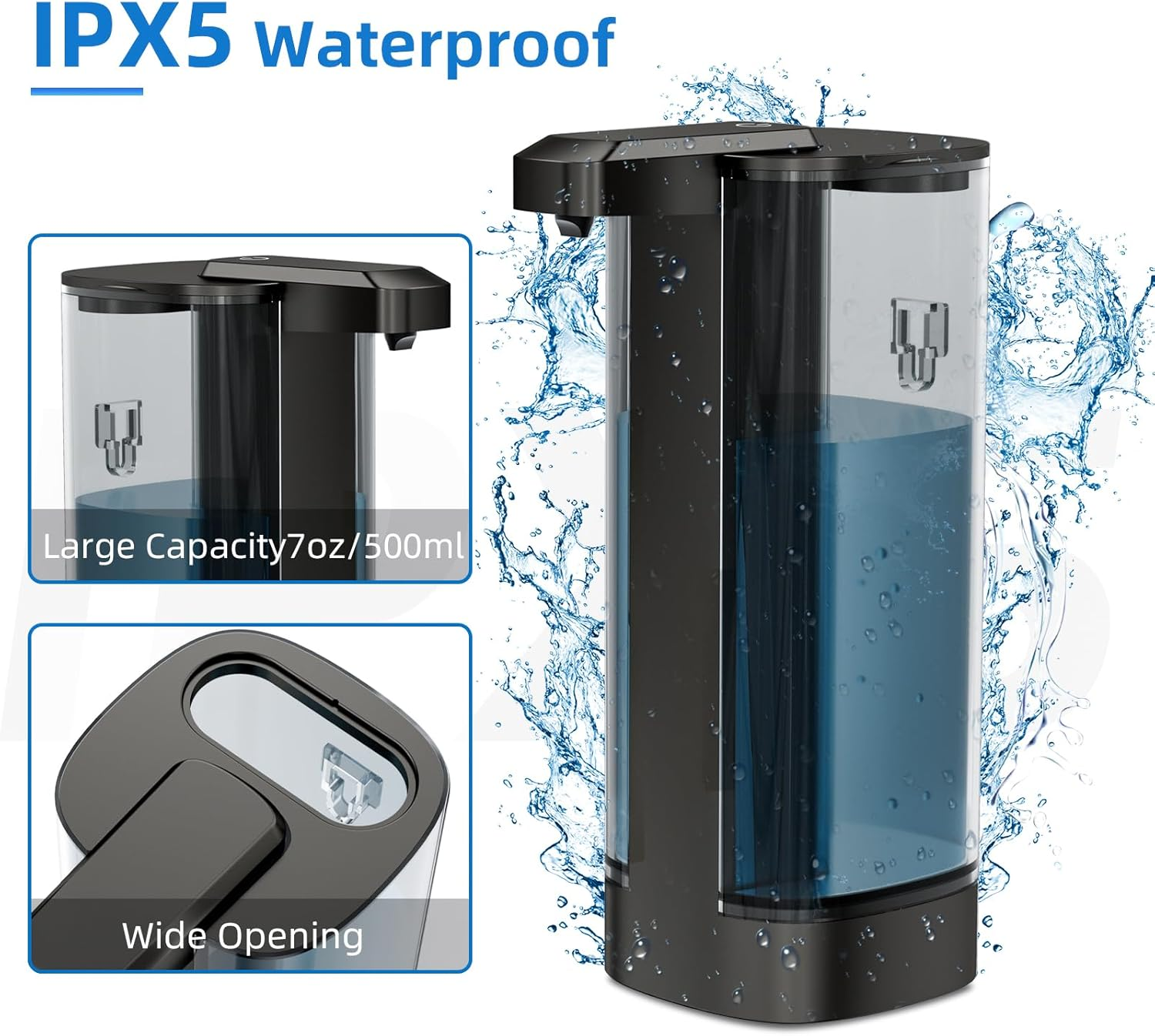 Automatic Liquid Soap Dispenser 17Oz/500Ml Touchless Dish Soap Dispenser IPX5 Waterproof 4 Adjustable Dispensing Levels,Usb Liquid Hand Soap Dispenser Electric for Kitchen Bathroom Hotel (Black) image number 4