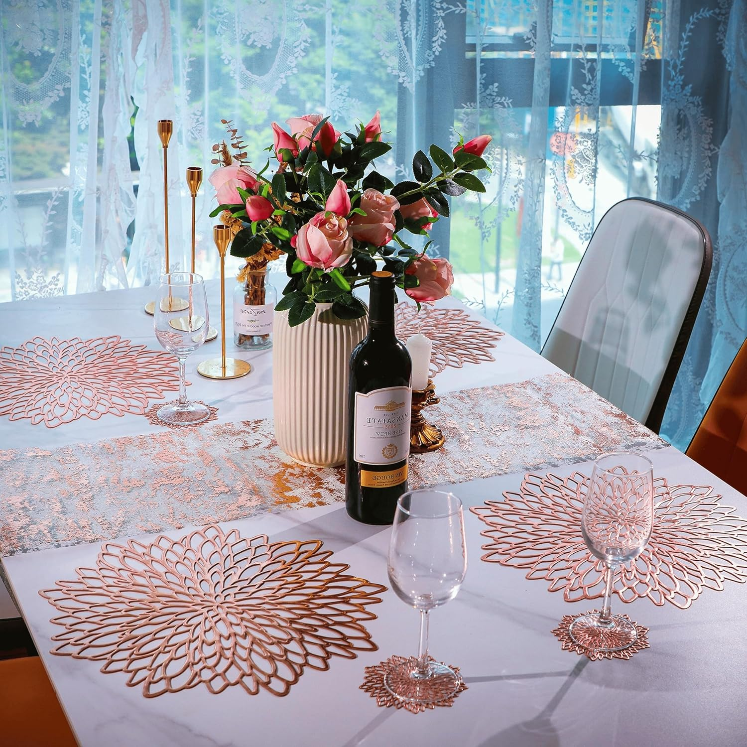 Snowkingdom 6 Pack Rose Gold Placemats Metallic Pressed Vinyl for Mother'S Day Table Decoration Dinning Mats round Floral Charger Plates Bridal Shower Party Birthday Wedding Valentine Christmas - 8, Gold image number 3