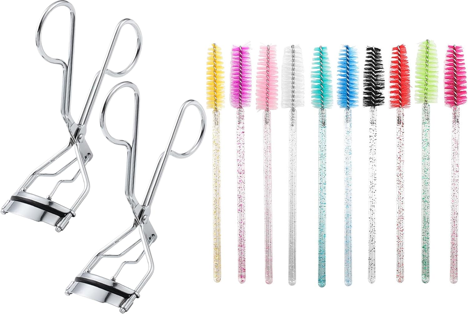 2Pcs Stainless Steel Eyelash Curler Silver, Curl and Lasting Definition with Silicone Pressure Pad, Wide Angle Localized Newbie Convenient Eyelash Curler + 10 Crystal Eyelash Brush（Random Color） image number 2