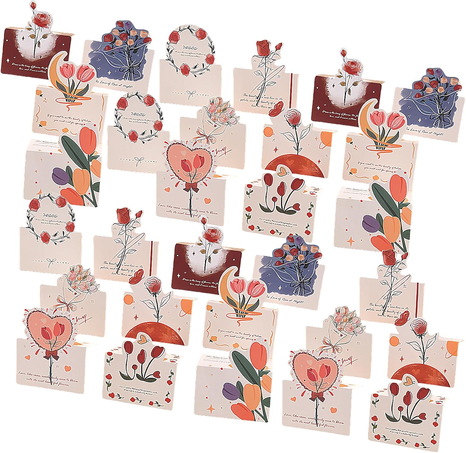 Hannafires 3D Mini Greeting Cards - Mixed Roses Collection, Folding Note Cards, Desktop Reminder Cards, Flower Shop Messages, Handwritten Wishes, Birthday Gift, Journal 30PCS image number 1