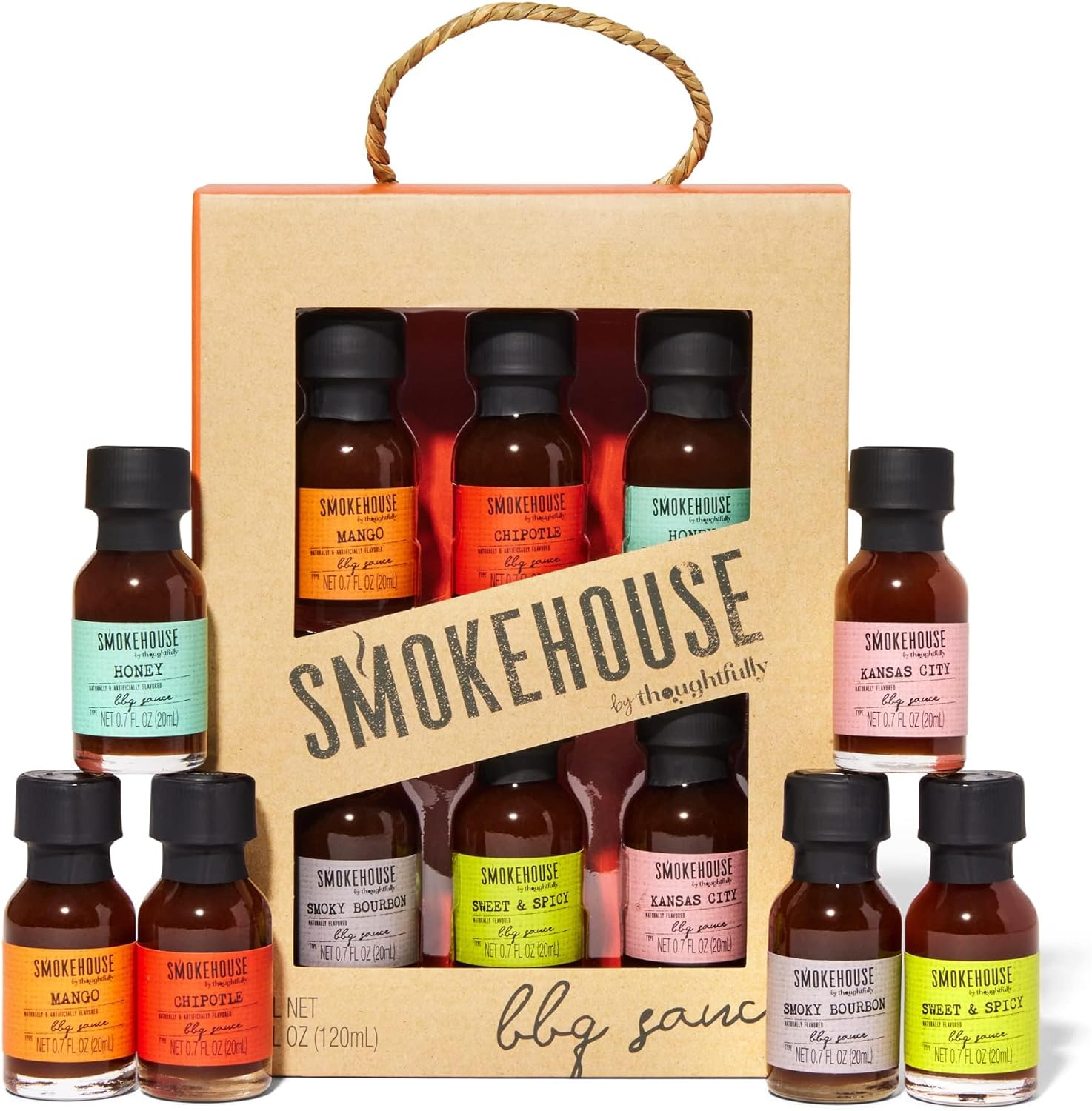 Smokehouse by Thoughtfully, Gourmet Mini BBQ Sauce Gift Set, Flavours Include Honey, Chipotle, Sweet & Spicy, Smoky Bourbon, Mango, and Kansas City, BBQ Sauce Variety Pack, Set of 6 image number 3