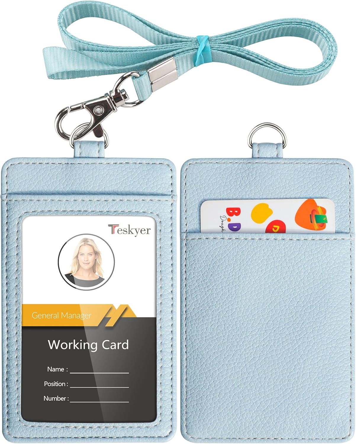 Teskyer Badge Holder with Lanyard, Leather ID Name Badge Card Holder with Lanyard for ID Badges,For Office School Work, Vertical, Lichi Cyan image number 5