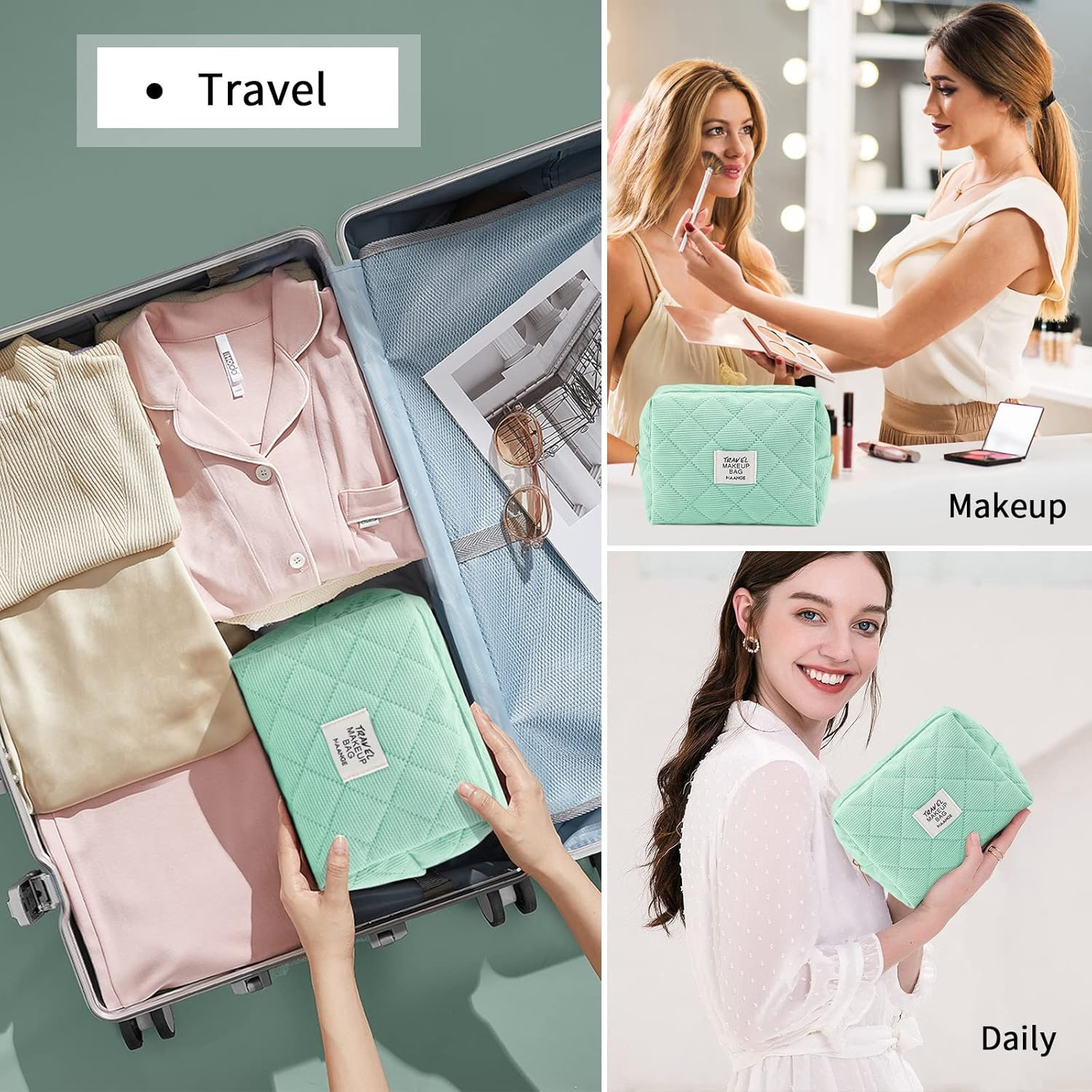 MAANGE 2Pcs Small Makeup Bag, Cosmetic Bags for Purse Corduroy Pouch Cute Bag with Zipper Mini Make up Women, 1-Green,(Yl-Mag0283G-Us)