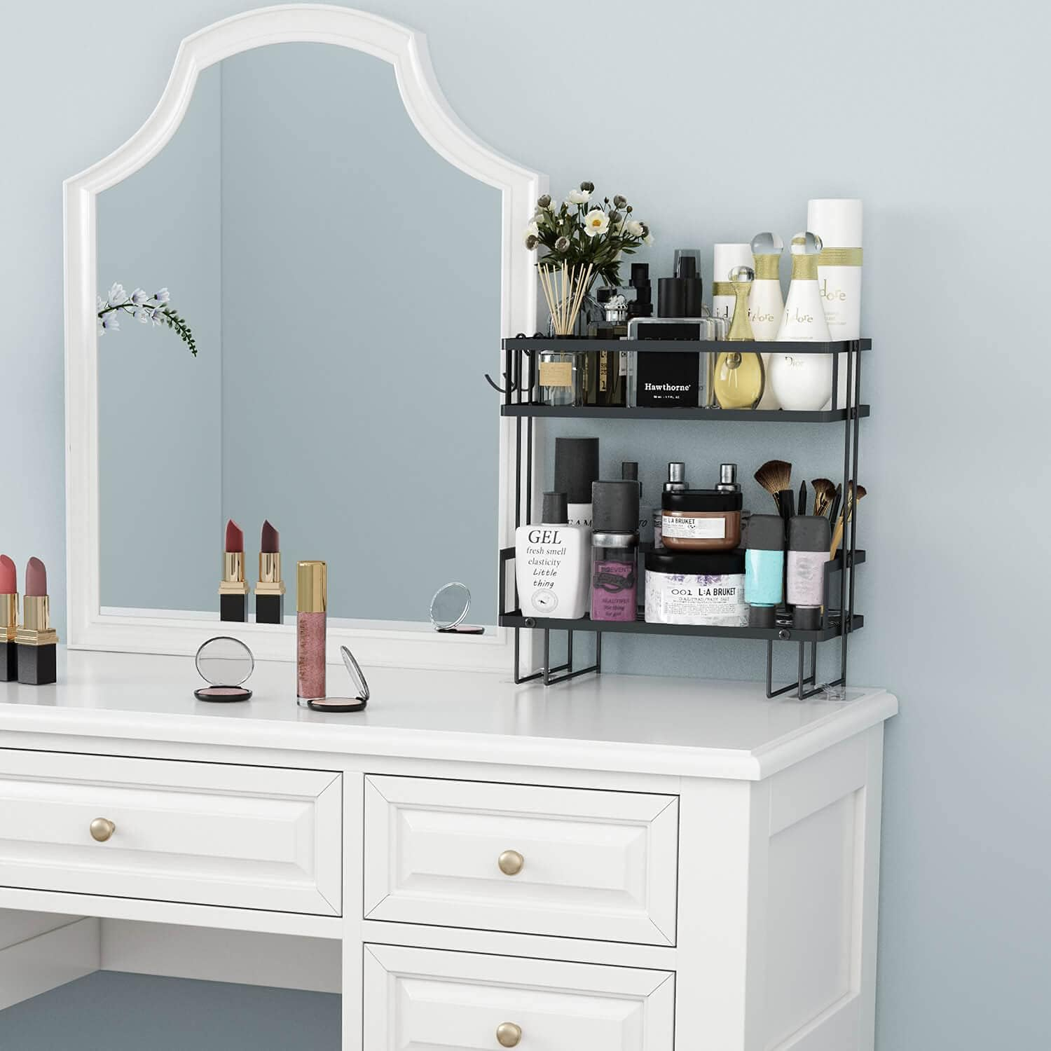 Godboat Bathroom Organizers, 2-Tier over Toilet Storage, Floating Shelves with 2 Hooks & Paper Holder, Wall Mounted Shelf Furniture, Cool Accessories & Decor, Gifts for Women, Mothers Day (Black) image number 4