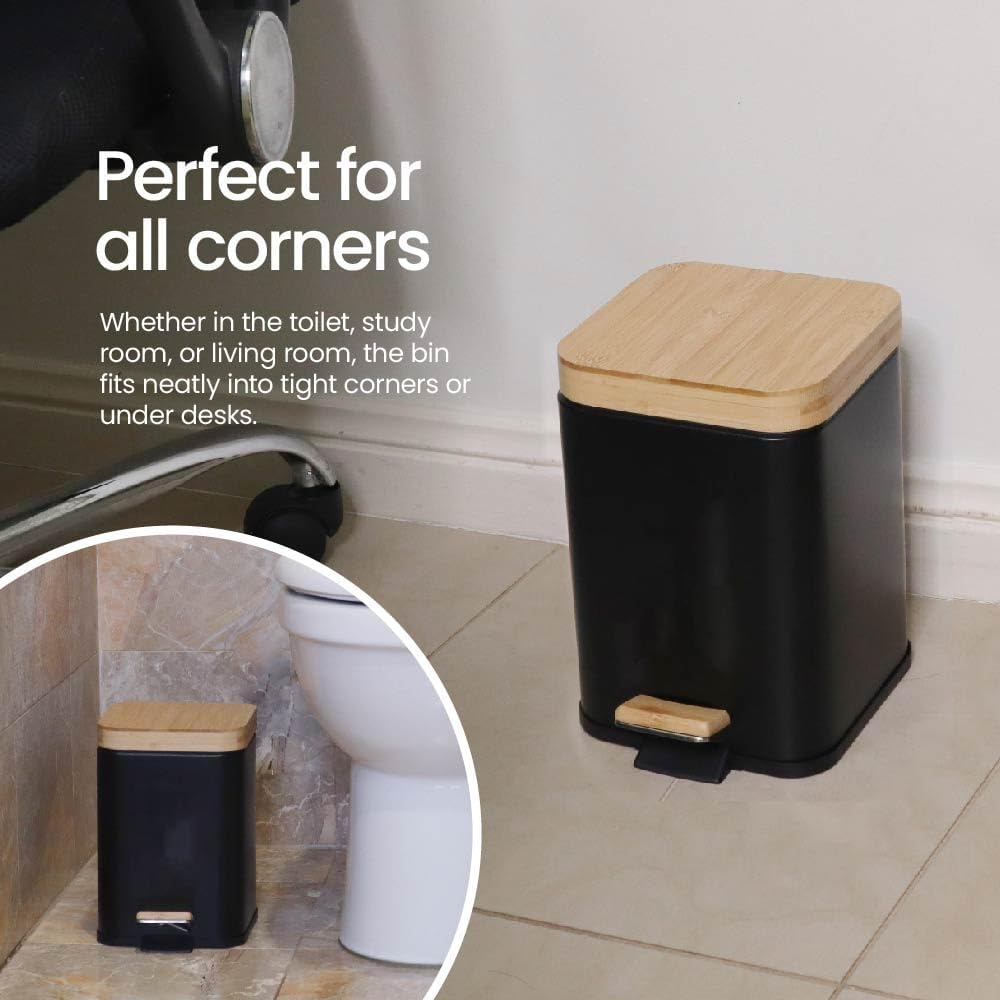 Eco Basics Rubbish Square Bin 3L, Black - Compact Bin with Recycled Plastic, Bamboo Lid & Pedal, Soft Close Quiet Operation, Space-Saving Design for Toilets, Living Rooms, & Small Spaces, 24X22X16Cm image number 4