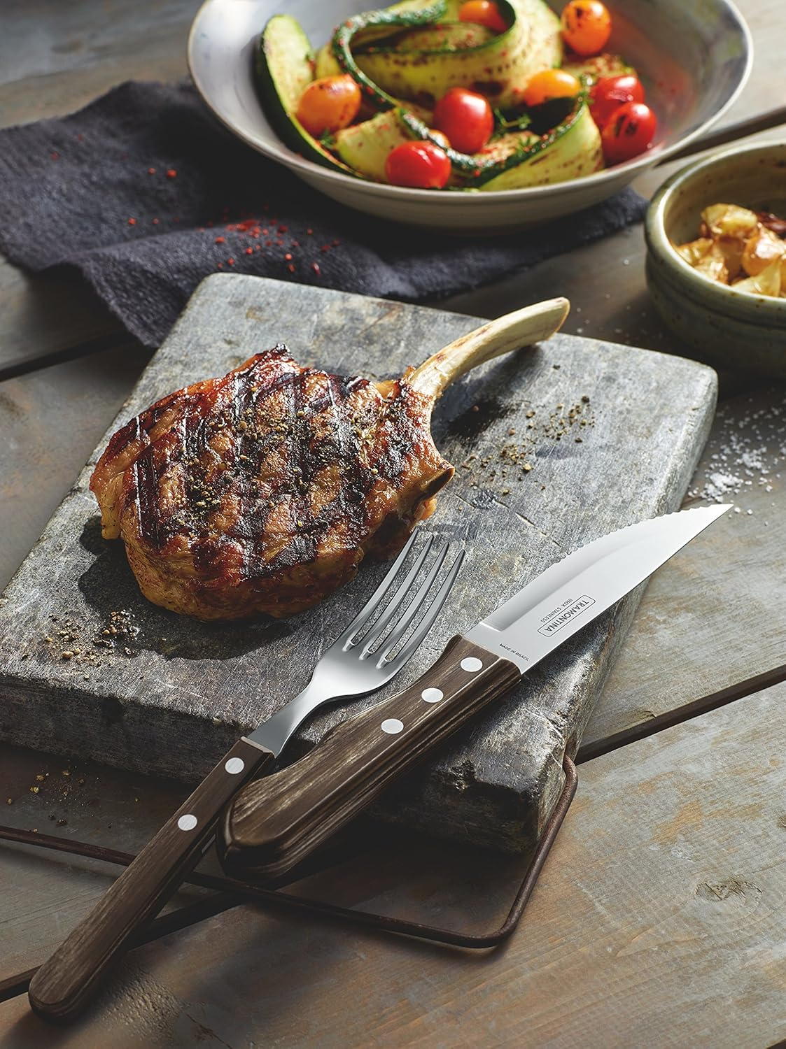 Tramontina Jumbo Steak Knife Set, Stainless Steel, Dishwasher Safe, Real Wood Handles, FSC, (4 Pieces, Brown), 25.5 image number 1