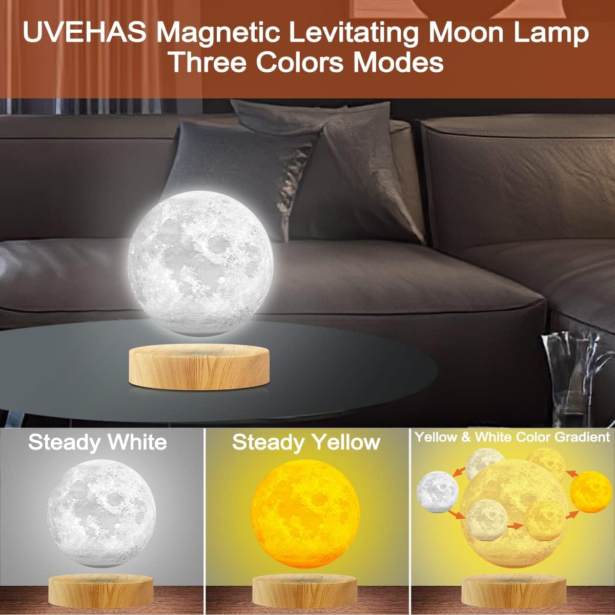 Levitating Moon Lamp - 3 Colors Modes Magnetic Levitation LED Moon Light, Rotation Floating 3D Printing Moon Night Lights for Home Office Desk Room Decoration round Base image number 6