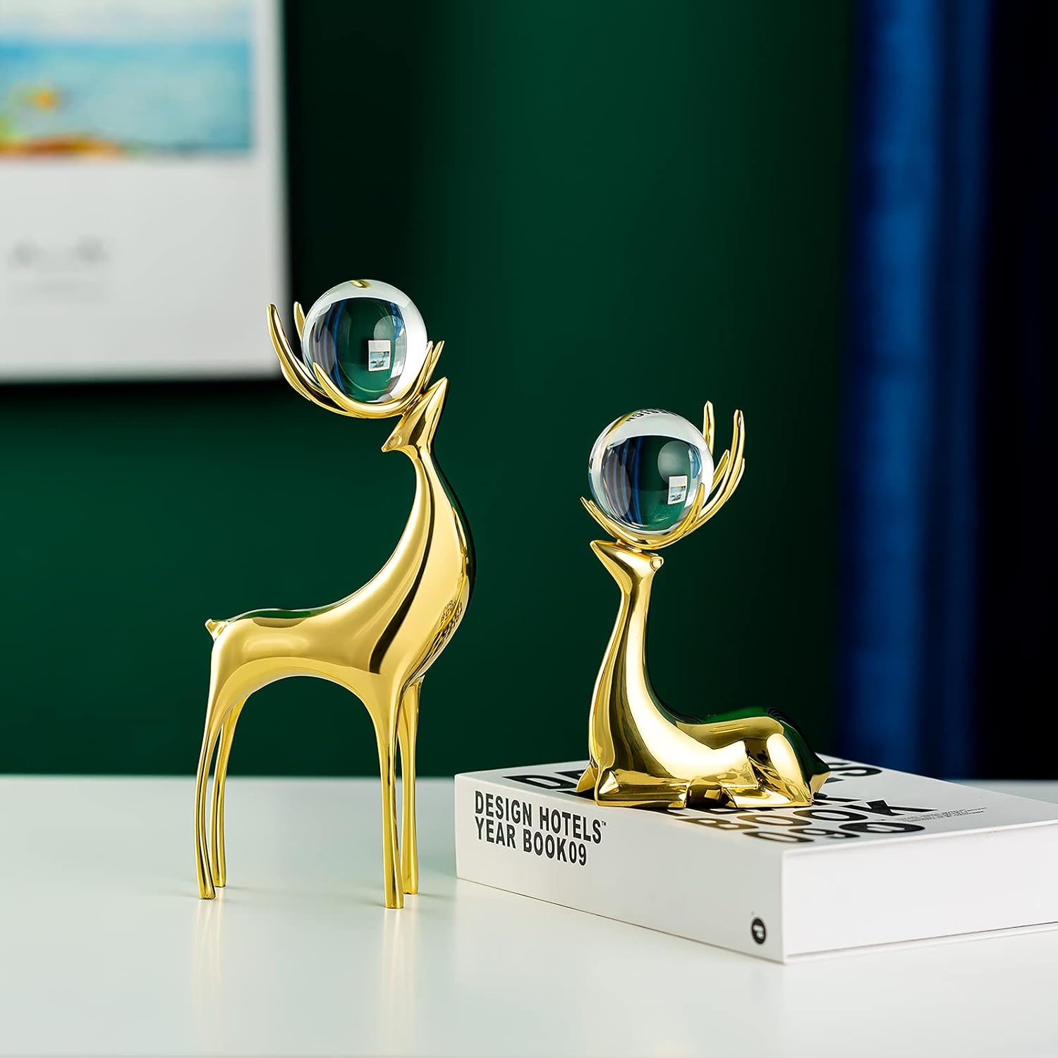 Sziqiqi Brass Reindeer Sculptures Animal Figurine Statues Christmas Deer Pure Copper Heavy Reindeer Ornaments for Home Decor Accents Living Room Office Bookself Tabletop Mantle Decoration - Gold image number 4