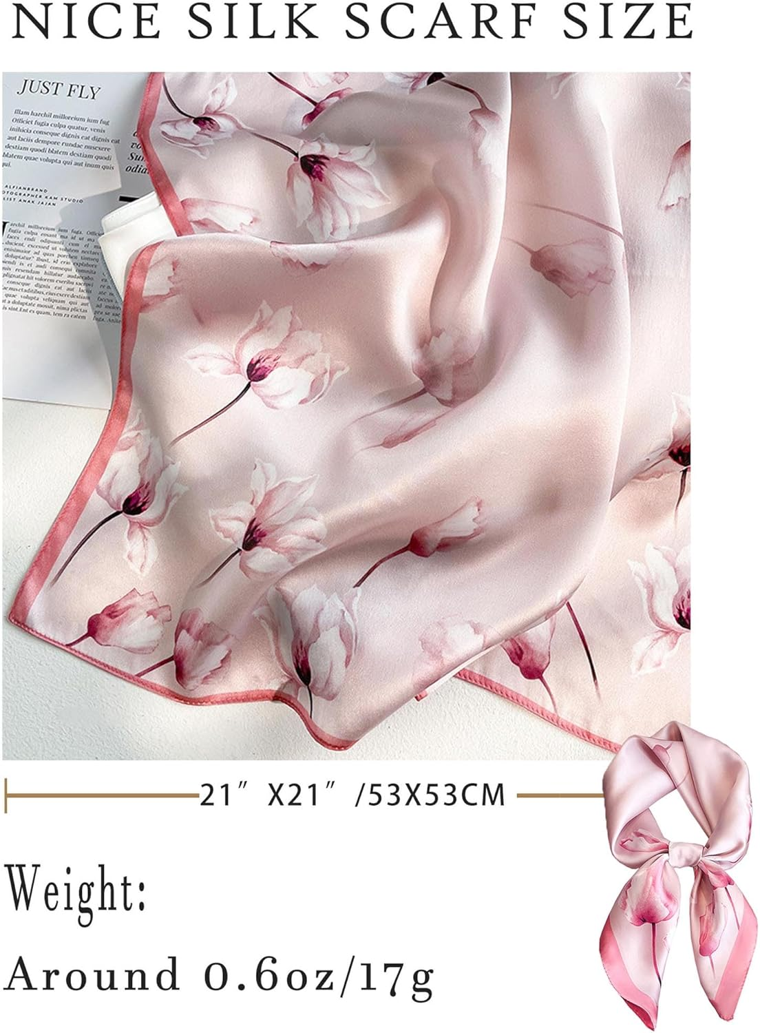 100% Mulberry Silk Scarf for Women Hair Lightweight Square Neckerchief Wrap for Head Scarves 21" - 22-Green Belt /21"*21" image number 3