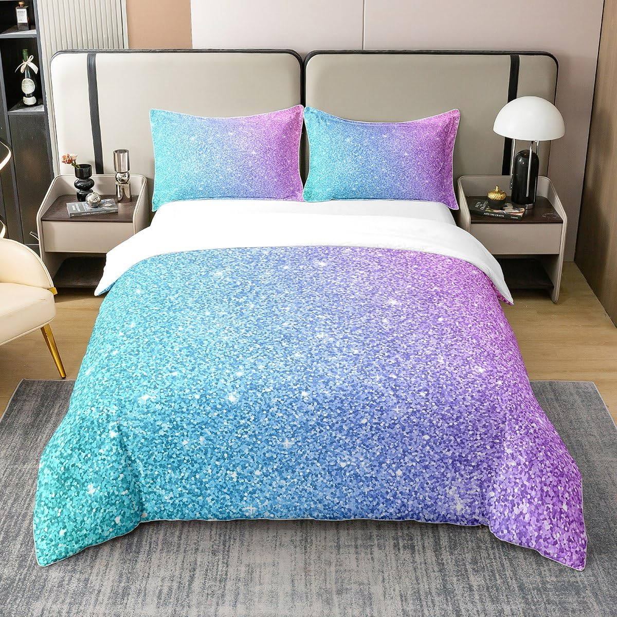 100% Organic Cotton Colourful Glitter Bed Linen 135 X 200 Cm Girly Turquoise Teal Blue Pink Pastel Girls Duvet Cover Trendy Comforter Cover for Kid Women Quilt Cover Sparkle Sequins Pattern Bling Room image number 3