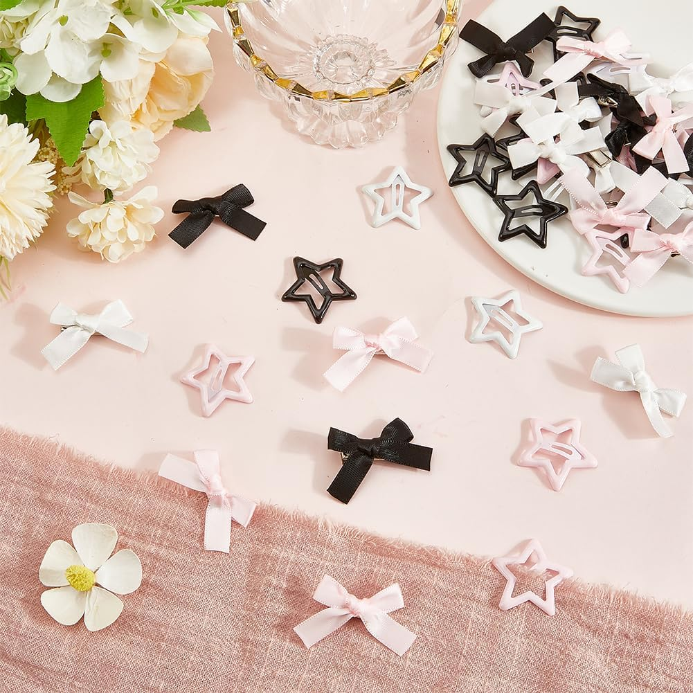 SOFPLATE Pack of 60 3 Colours Colourful Hair Clips with Bow Mini Hair Clips Small Polyester Bow Iron Enamel Stars Coquette Black White Alligator Accessories for Short and Long Hairstyle image number 5