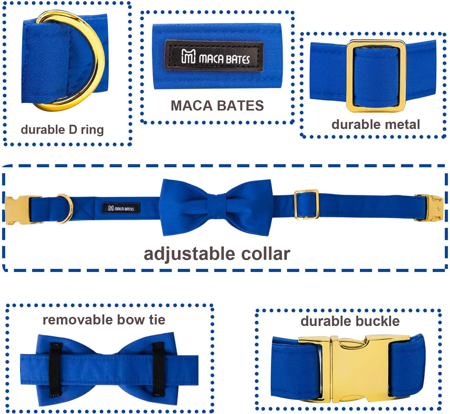 Maca Bates Blue Dog Collar with Bow Bowtie for Dogs Solid Colors Bow Tie Thick Adjustable Breakaway Puppy Collars Birthday Gift for Small Medium Large Boy GILR Male Female Puppies Pets image number 5