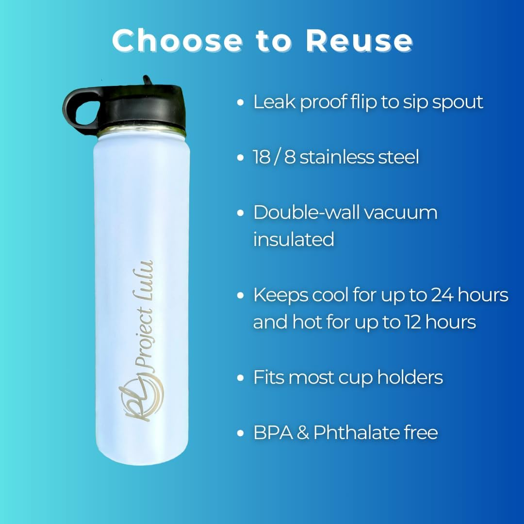 Project Lulu Insulated Stainless Steel Water Bottle Handle Flip Top with Straw 24Oz (Marshmallow White, 24Oz) - Aquamarine Dream image number 3