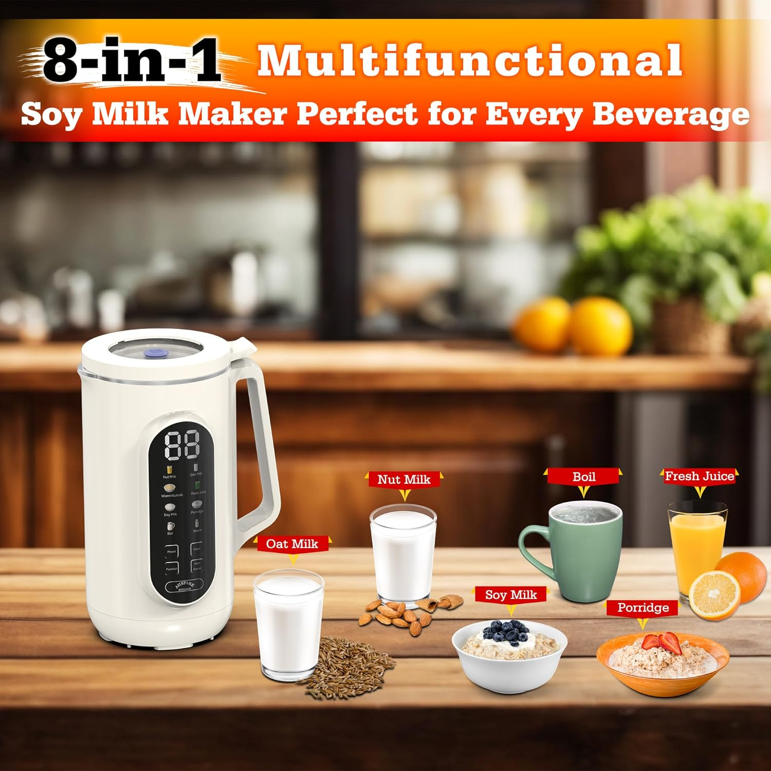 Soy Milk Maker Machine, 1000Ml, 10 Blades, 8-In-1 Multifunctional Design for Nut, Oat, Almond, Soy Milk, Fresh Juice & More - Self-Cleaning, Overheat Protection, 12H Preset Timer, Warm & Boil image number 1