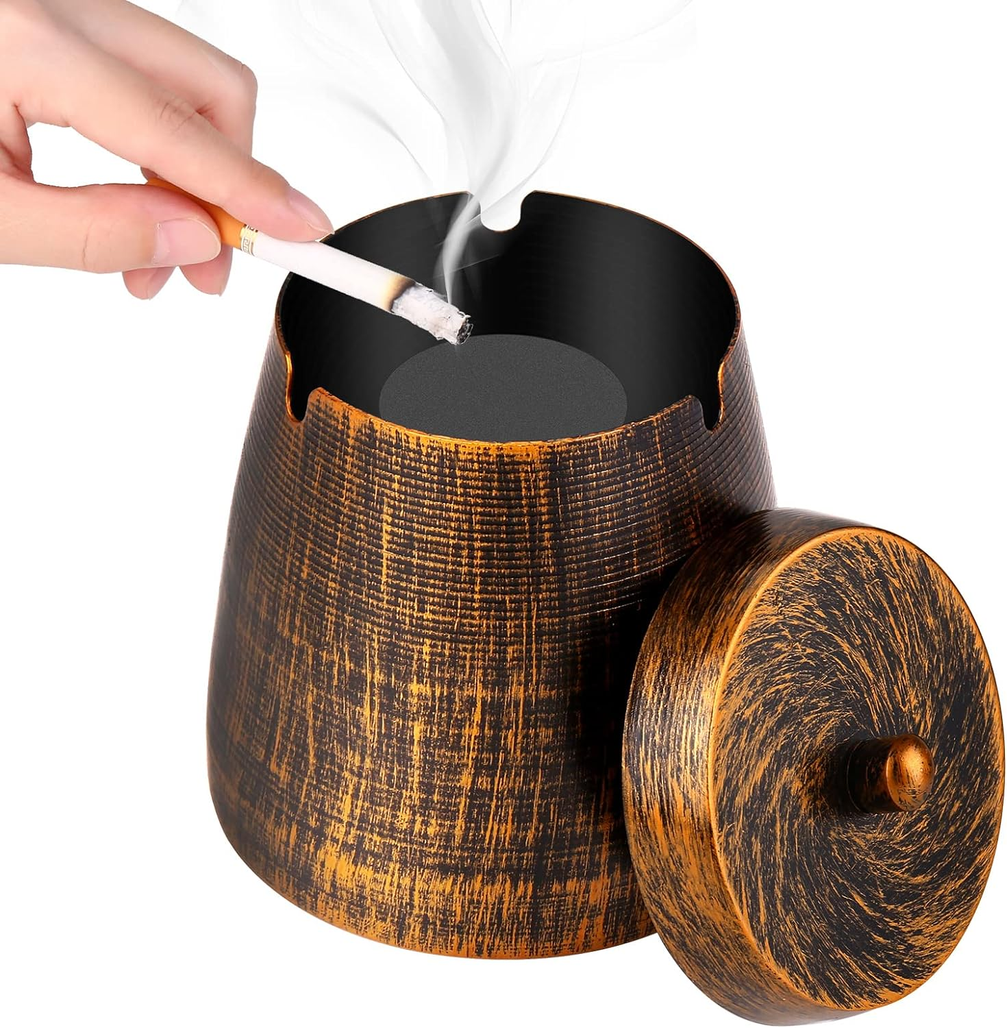 Outdoor Ashtrays for Patio with Lid, Ash Trays with Covers, Ashtray Odorless, Ash Tray Sets for Cigarettes, outside Covered Stainless Steel Iron Windproof Tabletop