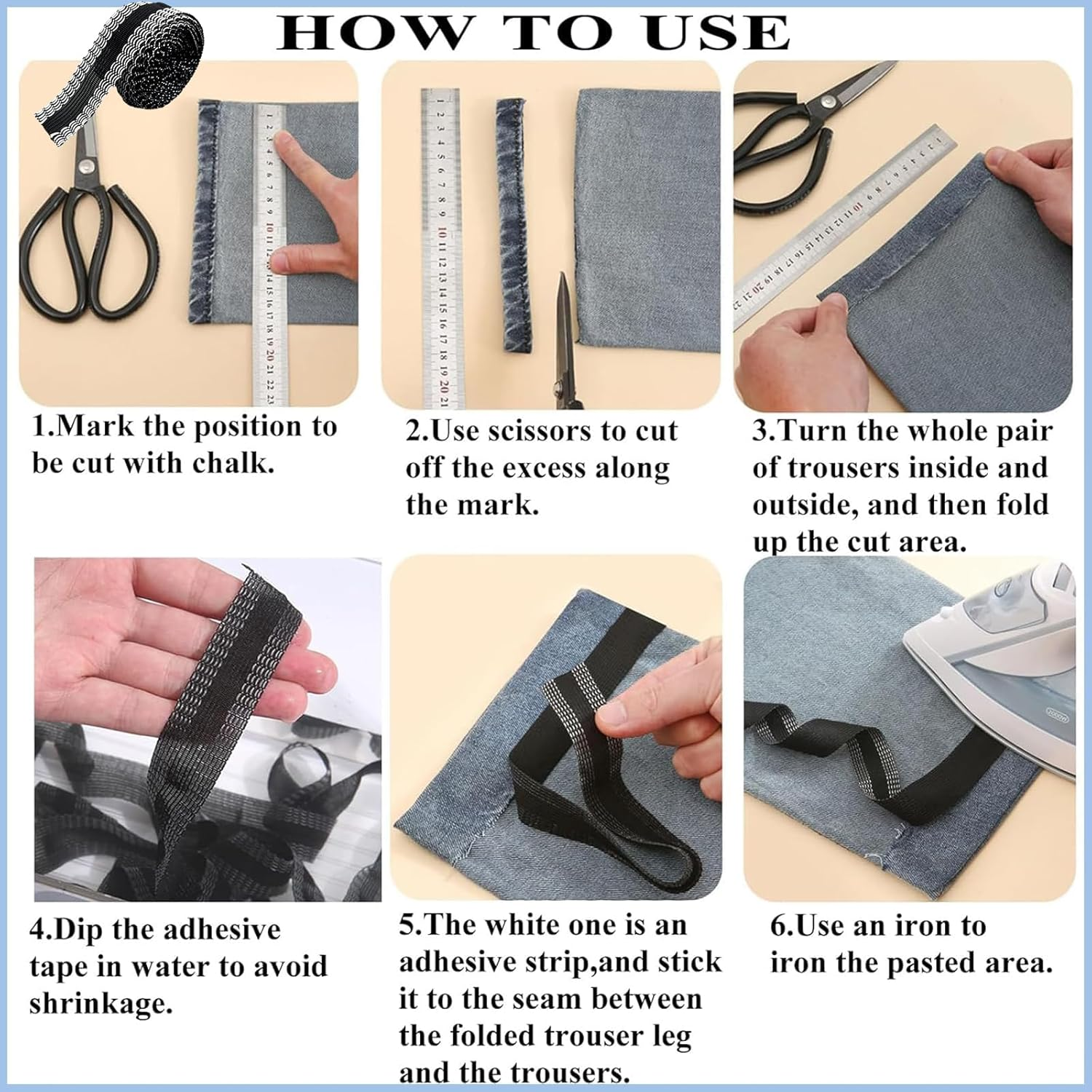 Iron-On Instant Hem Tape 25Mm X 5M for Trousers & Jeans, No-Sew Permanent Hemming, Washable Adhesive for Pants Alterations - Black image number 3