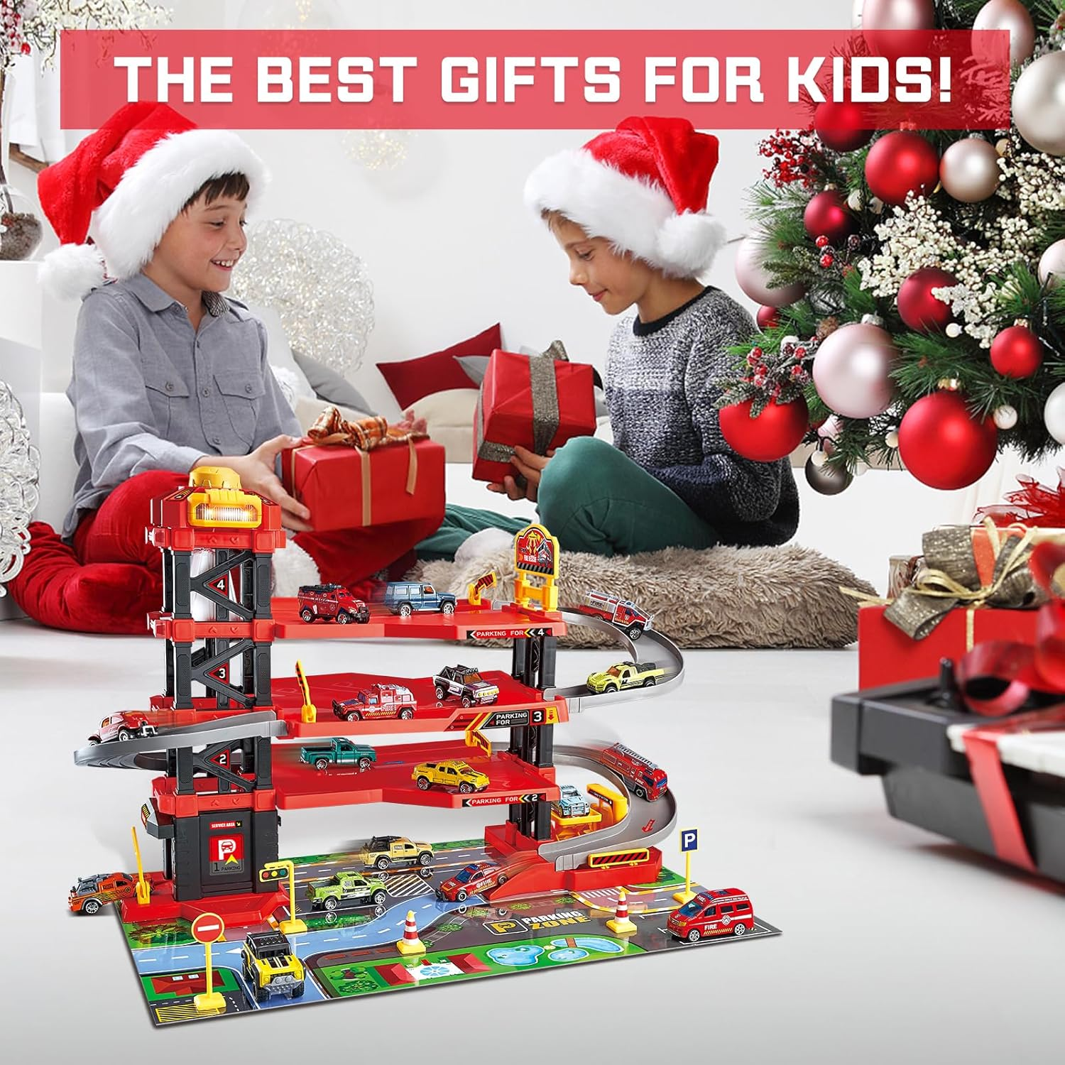 Parking Garage Toy Playset with 6 Little Alloy Construction Cars Adventure Track, Race Car Ramp Track Toys Sets Garage Playset (Red-Pack) image number 5