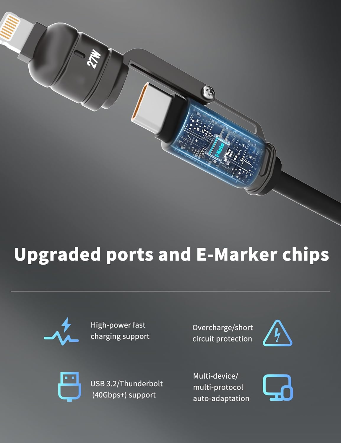 BELAROI 240W 4-In-1 Coiled Charging Cable&ndash;Zinc Alloy Fast Charger with PD 27W/65W/240W, 2M Retractable Cable(Usb-C/A & USB-C/L), Compatibility for Iphone 16/15/14, Laptops, Android, Carplay & Carlife image number 5