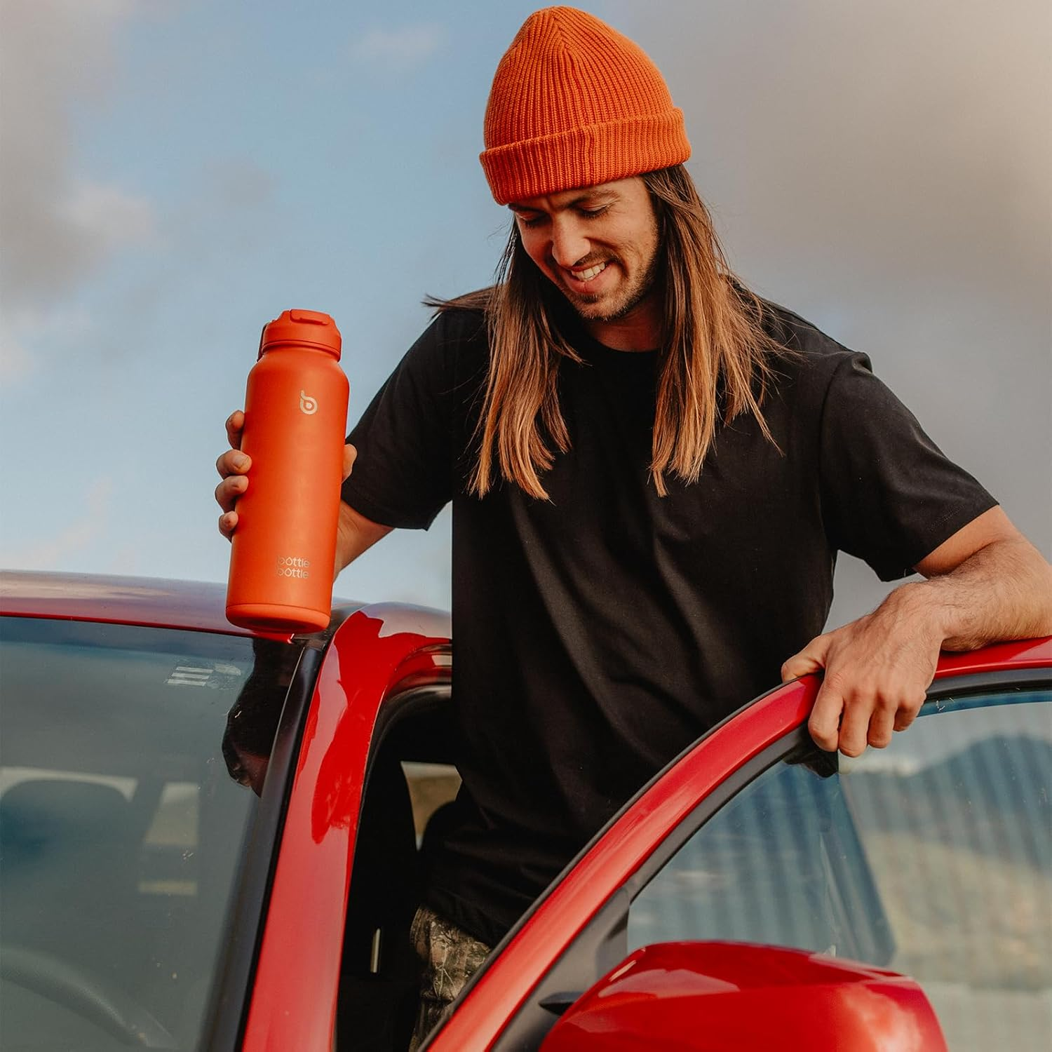 BOTTLEBOTTLE 40 Oz Sports Drink Bottle, Thermos Stainless Steel Insulated Water Bottle with Straw and Pills Holder (Orangered)