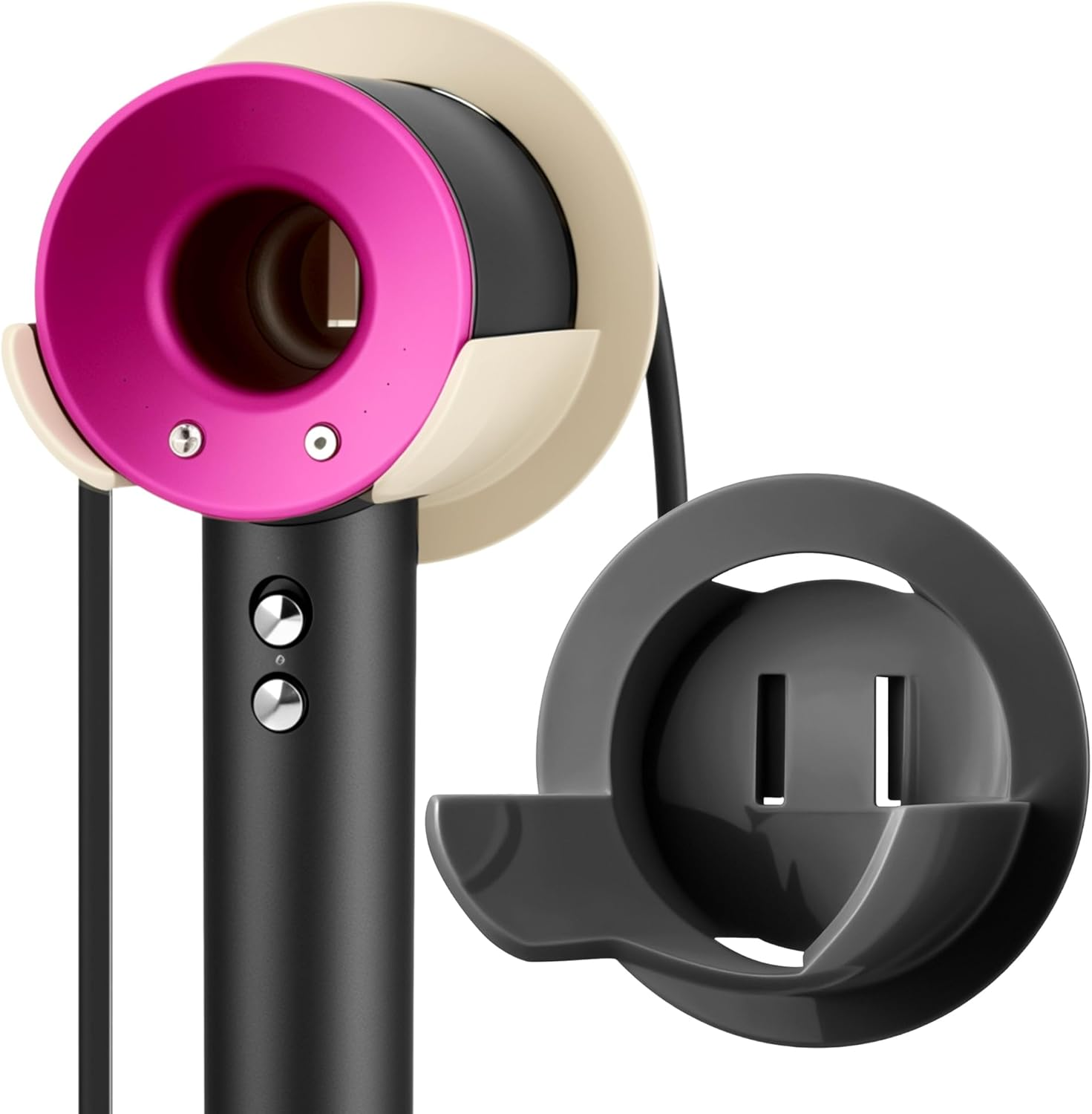 Hair Dryer Holder Wall Mounted Compatible with Dyson Hair Dryer, Self Adhesive Blow Dryer Holder Organizer with Cord Storage for Bathroom (2 Pack / Gray & Cream White) image number 4