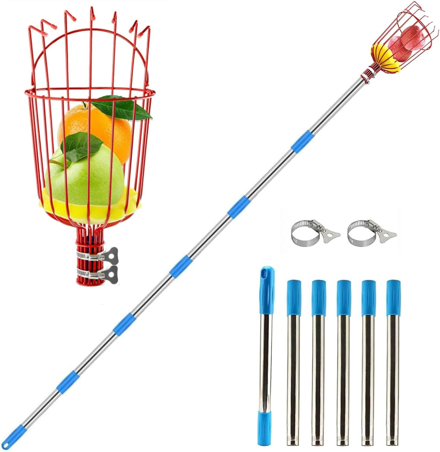 Fruit Picker Tool, 2.4M 8Ft Height Adjustable Fruit Picker Pole Tool with Baskets, Light-Weight Stainless Steel Fruit Picking Equipment for Apples Oranges Tangerines Pears Mangoes Avocados image number 1