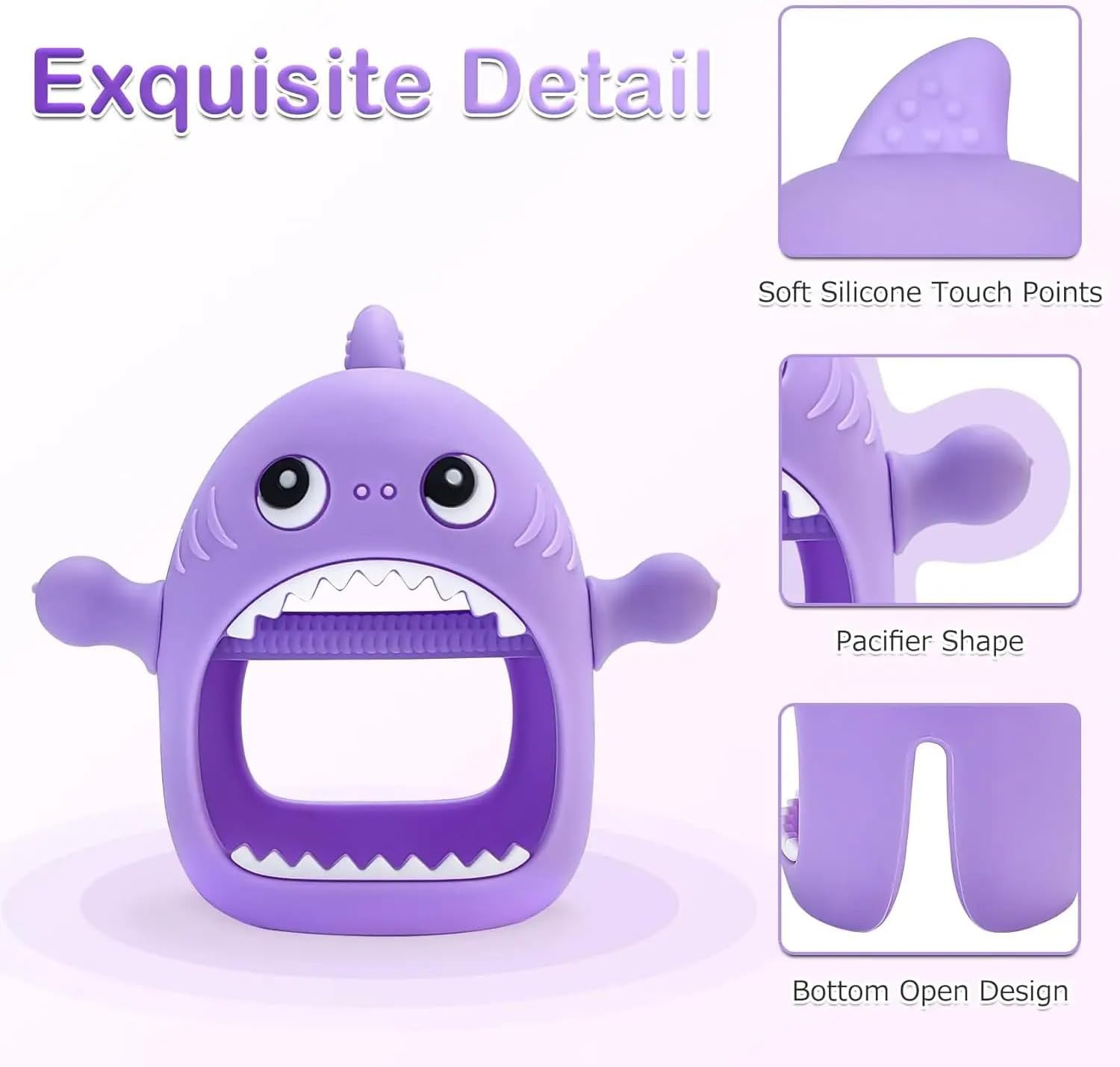 Cute Shark Teething Mitten Toy for Babies, Never Drop Silicone Baby Teether, Hand Pacifier for Babies to Suck and Chew, Toy for Teething Babies (Magenta Purple) - Magenta Purple image number 4