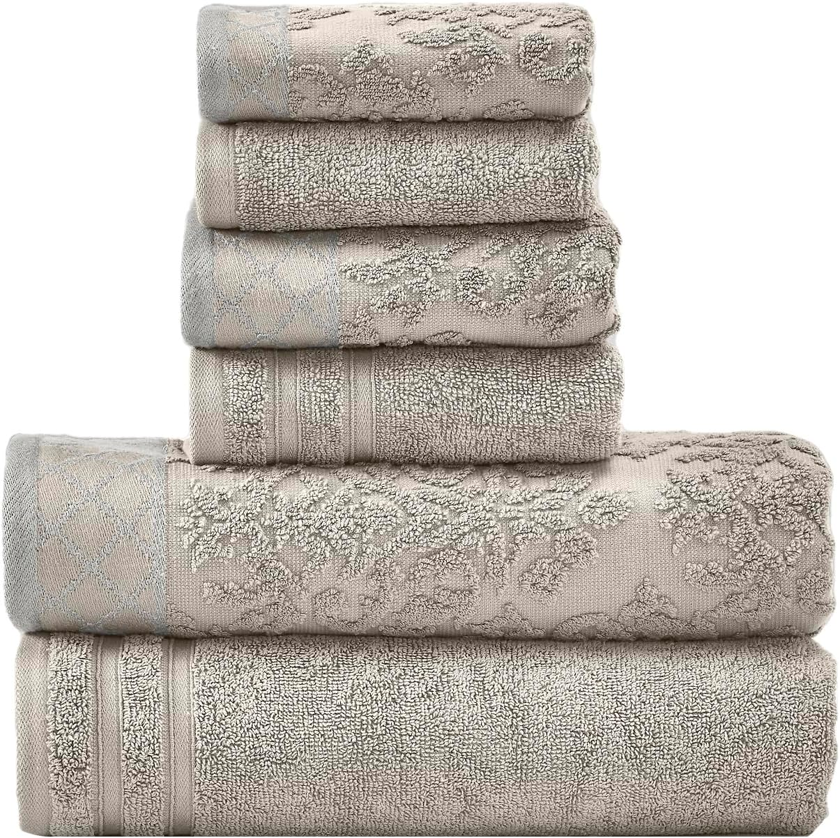 Modern Threads 6-Piece Damask Jacquard/Solid Ultra Soft 550GSM 100% Combed Cotton Towel Set with Embellished Borders [Sage]