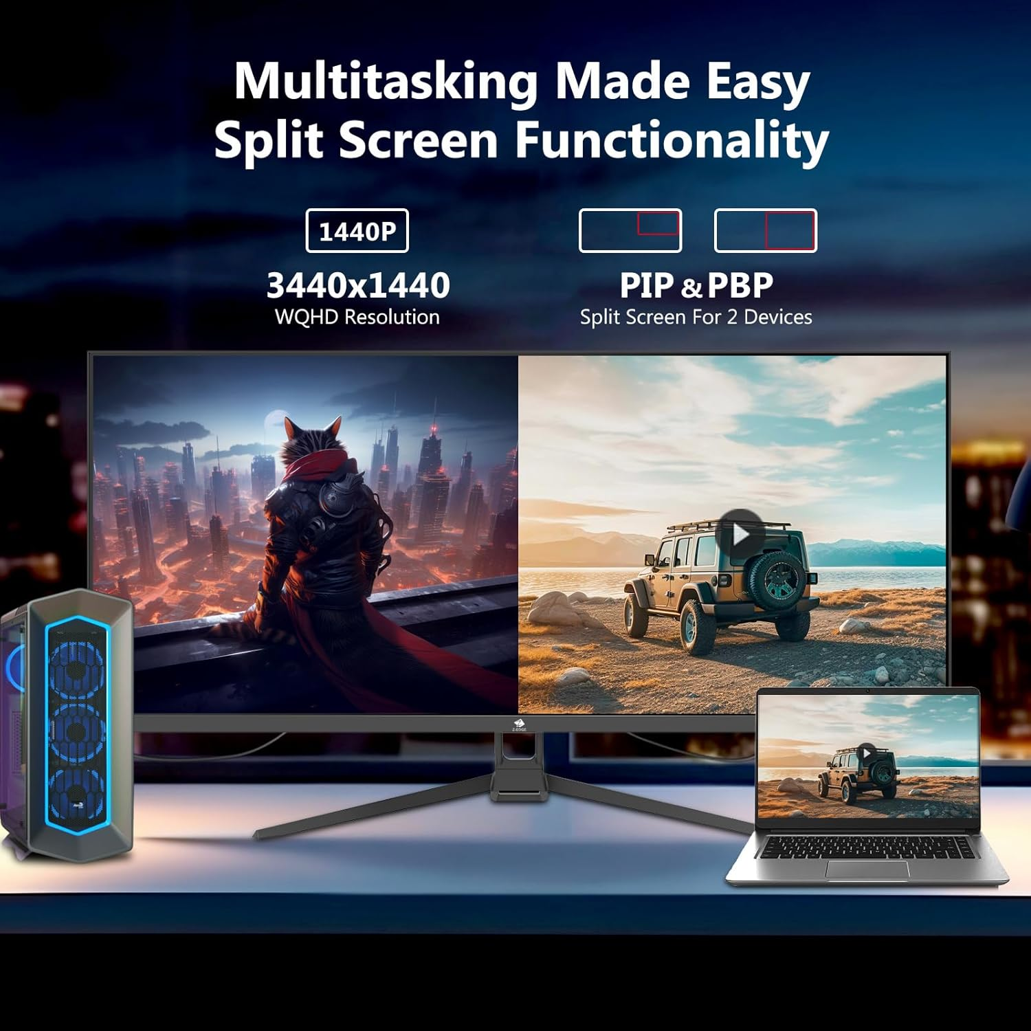 Z-Edge 34 Inch 165Hz Ultrawide Monitor 21:9, IPS Panel, Uwqhd(3440X1440), Gaming Monitor 1Ms MPRT, Freesync, 100% Srgb, PIP & PBP, Displayport (165Hz), HDMI (100Hz), Black (DP Cable Included) image number 4