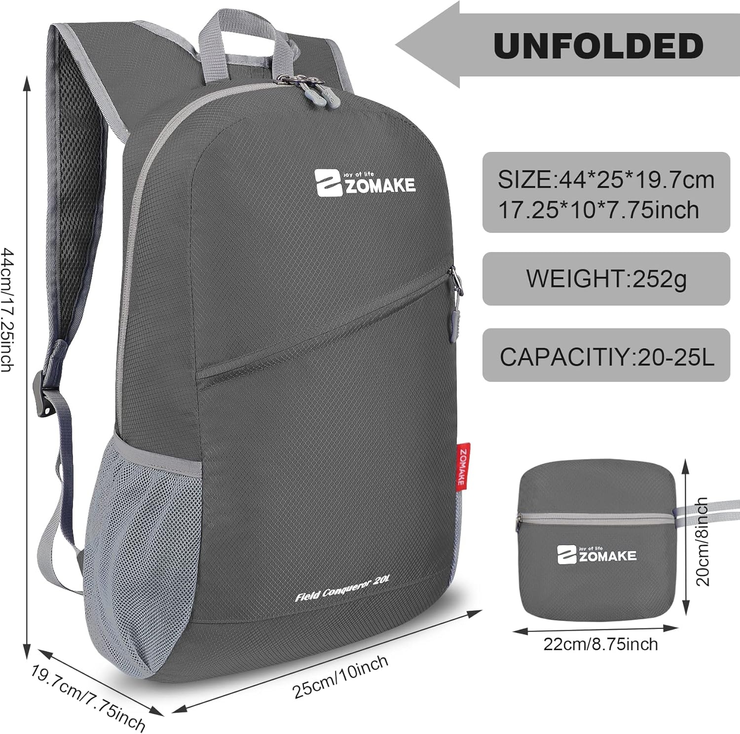 ZOMAKE Foldable Backpack 20L Lightweight Folding Pack, Water Resistant Small Travel Daypack for Hiking Camping Walking image number 4