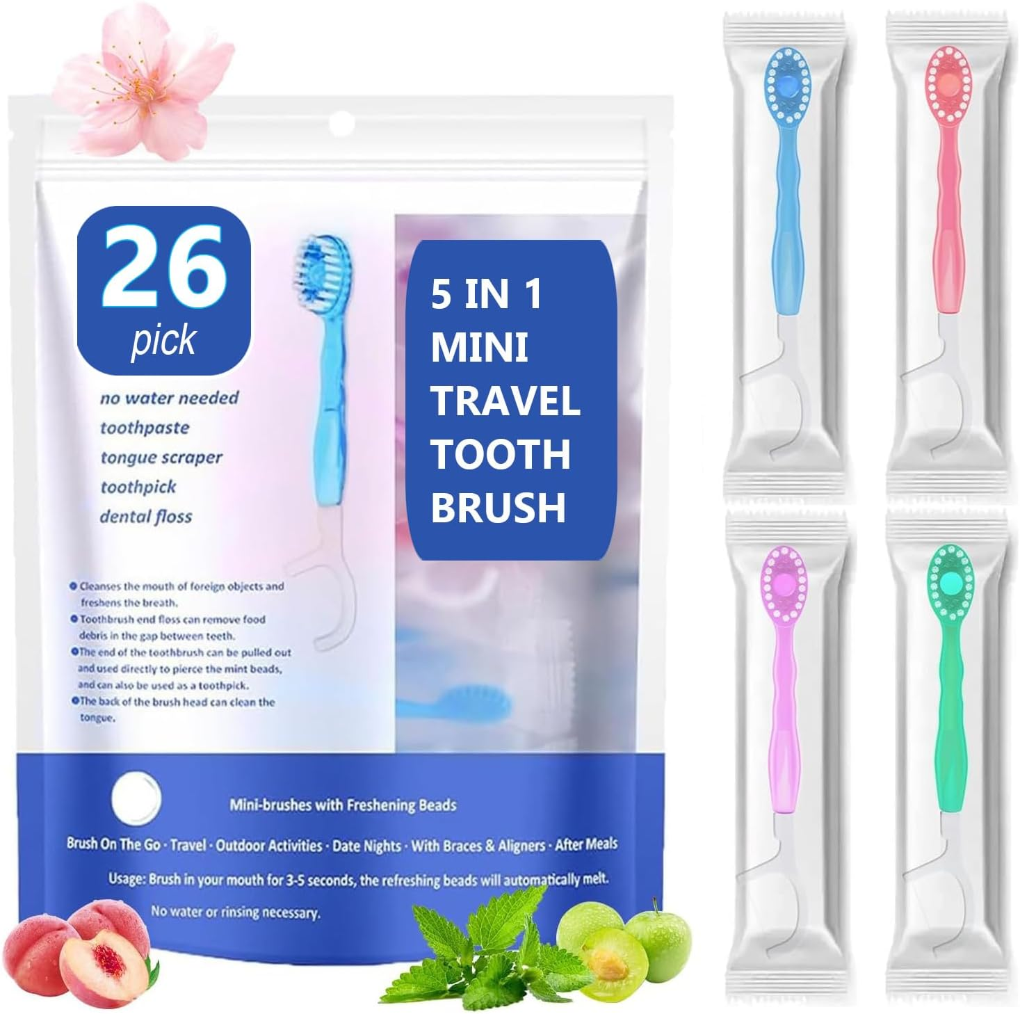 On-The-Go Disposable Toothbrush with Toothpaste - Mini Travel Toothbrush, 5 in 1 Pre-Pasted Toothbrushes with Floss + Pick + Tongue Scraper, Individually Packed Travel Essentials - 26 Count (4 Flavor) image number 1