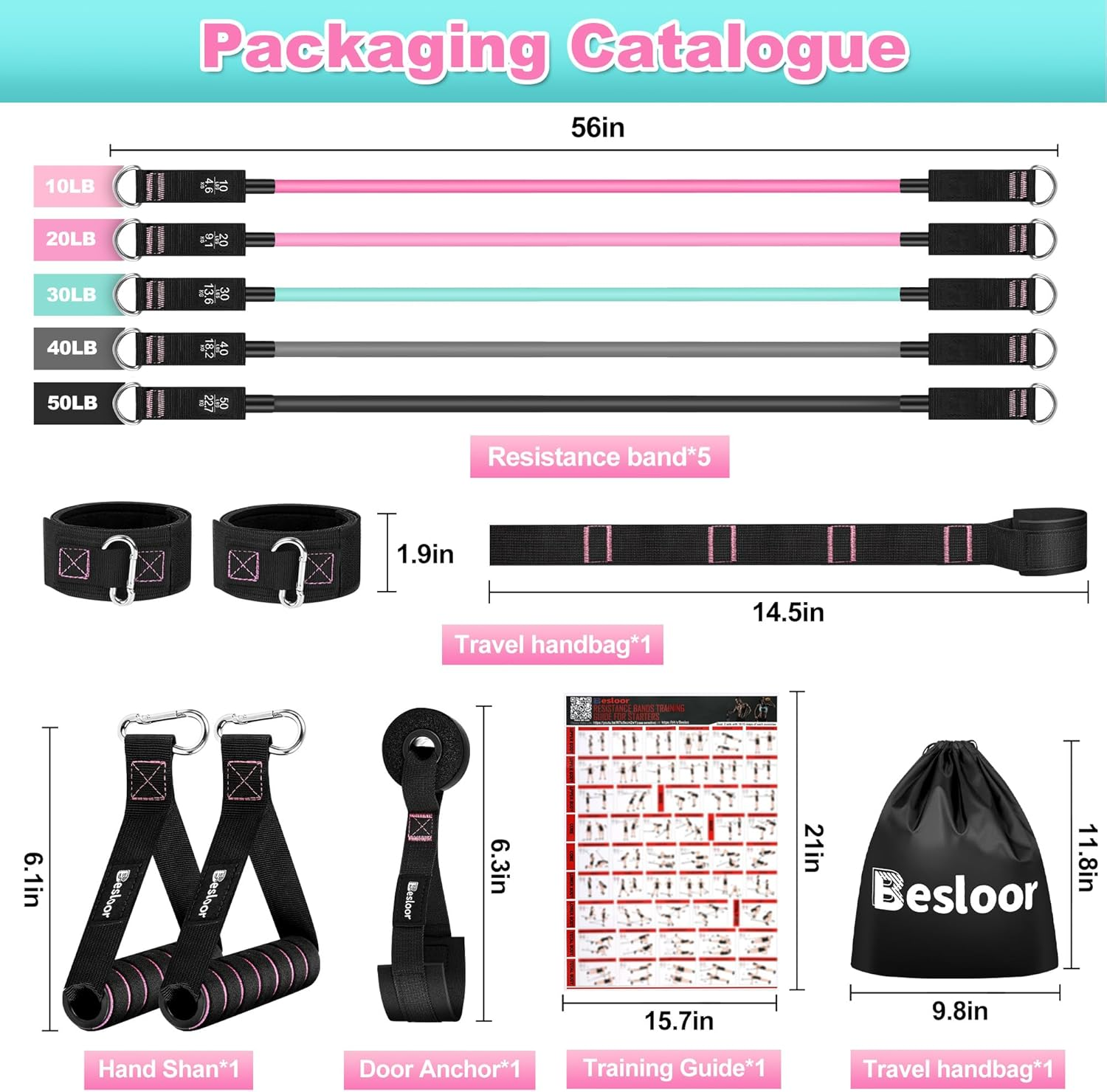 Resistance Band Set. Exercise Bands with Handles, Door Anchor and Ankle Strap. Home Gym, Supports Full-Body Workouts - with Fitness Poster and Video image number 6