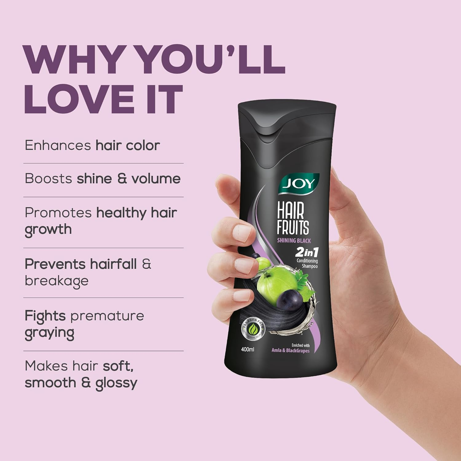 Joy Hair Fruits Shining Black Conditioning Shampoo Enriched with Amla & Black Grapes, 340 Ml image number 5