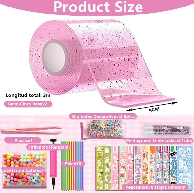 Nano Bubble Tape Kit,2 Roll Nano Tape Bubble,Double Sided Tape Elastic Nano Tape Bubble DIY Craft Kit for Girls, Boys, Kids Party Favors and Novelty Toys(Pink) image number 5