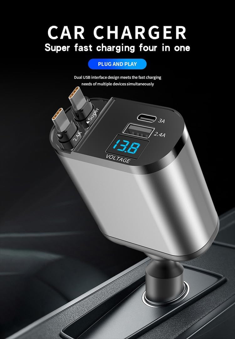 Jiaozoum Retractable Car Charger 4 in 1, with Cord 80Cm, 2 USB C and Car Charger Adapter, Compatible with Iphone 16 15/15 Pro Max/14/13/12/11 image number 4