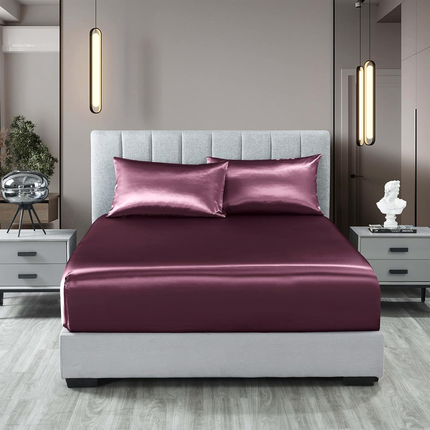 Royal Comfort Sheet Set Satin Polyester, Ultra Soft, Breathable, Silky Smooth, 1 X Fitted Sheet, 2 X Pillowcases(3 Pcs, Queen, Malaga Wine)