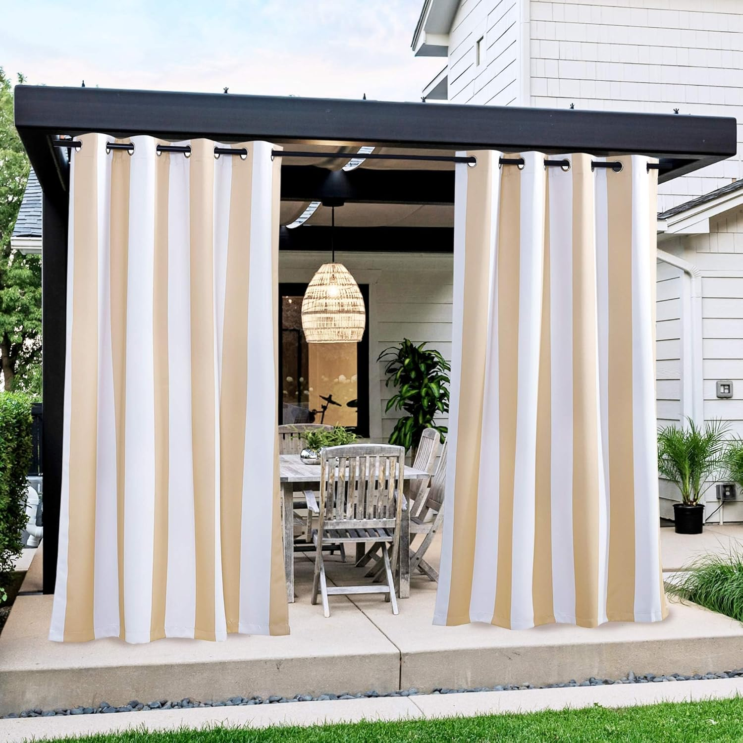 NICETOWN 2 Panels Stripe Outdoor Curtains for Patio Waterproof, Thermal Insulated Stainless Steel Grommet Room Darkening Indoor Outdoor Drapes Light Block for Pool, W52 X L108, Biscotti & White image number 3