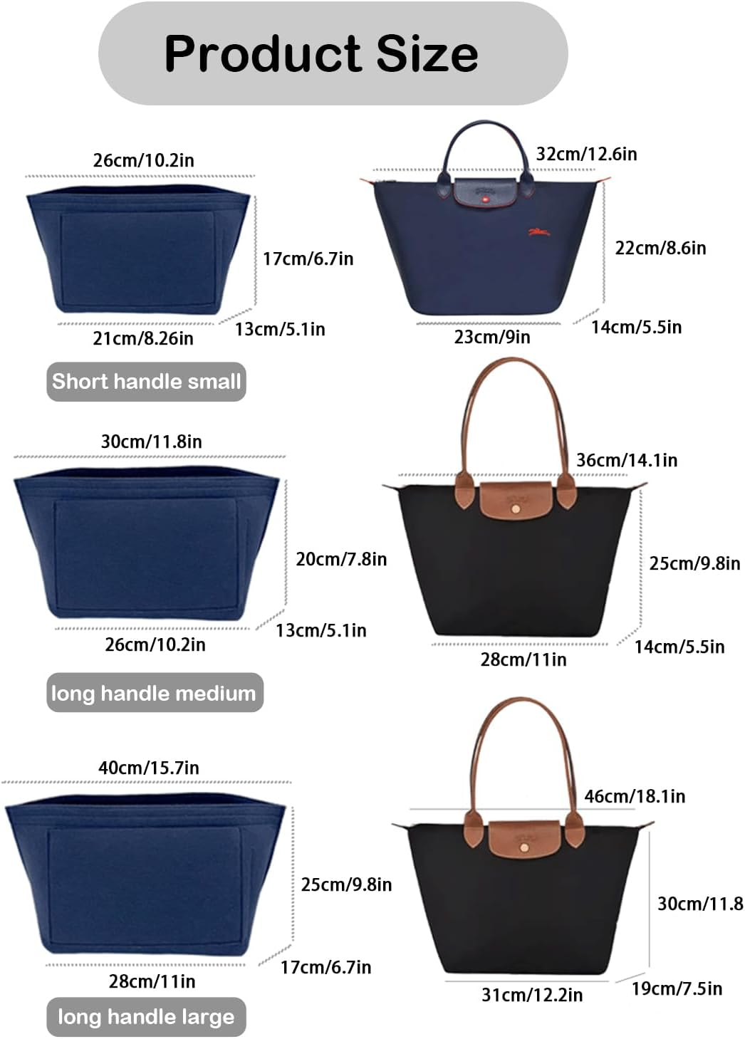D.DUO Purse Organizer Insert, Bag Organizer for Le Pliage, Handbags Organizer Insert(Dark Blue, Large)
